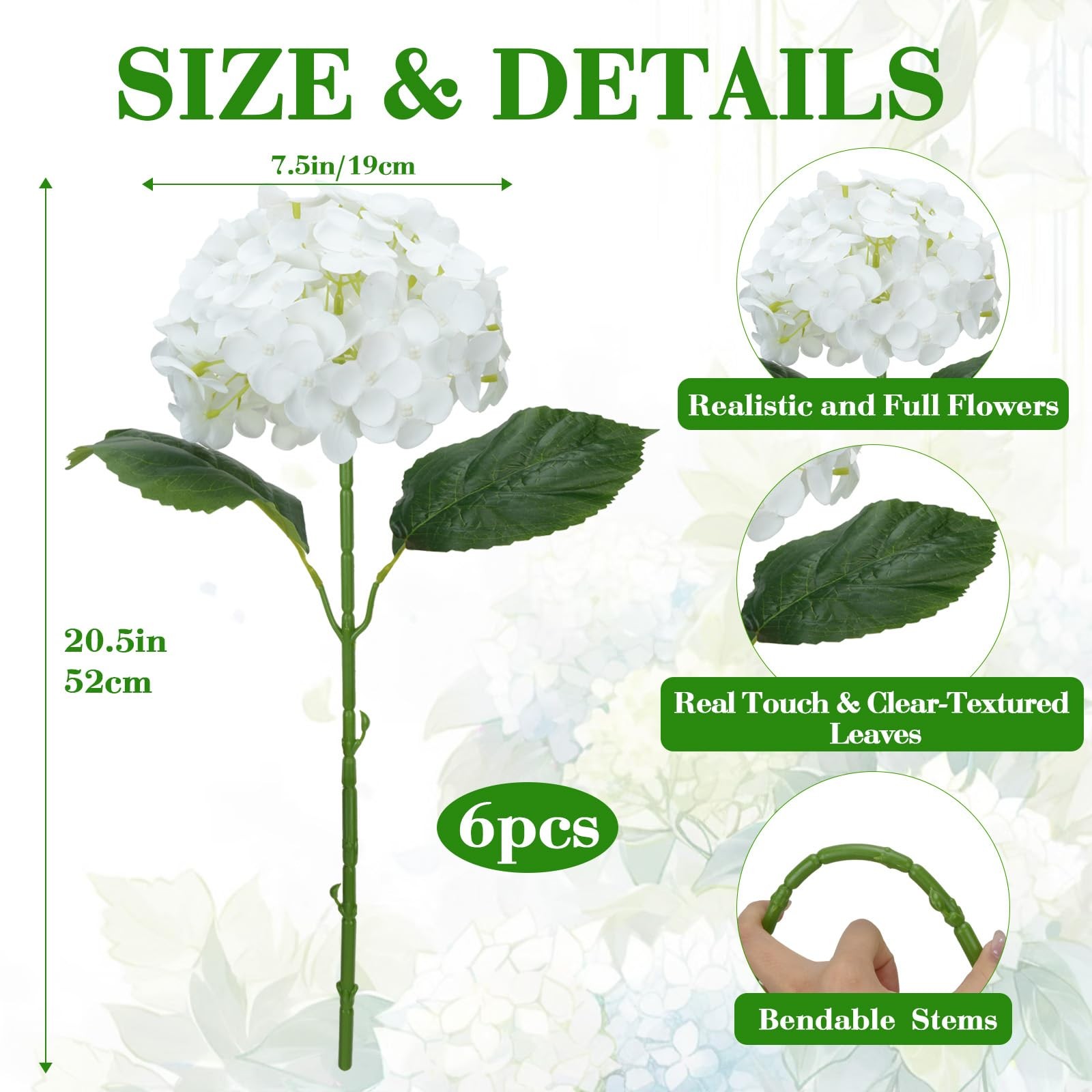 6 PCS White Hydrangea Artificial Flowers Bulk 20.5″ Tall Large Bloom Latex Fl…