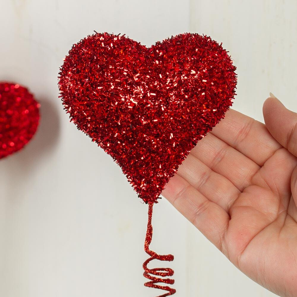 Package of 6 Red Tinsel Foam Valentine’s Day Heart 14″ Tall Picks