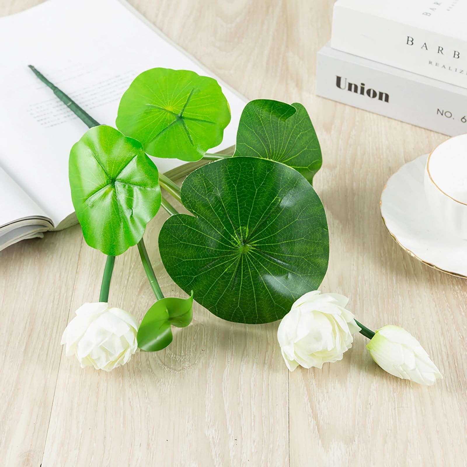 2pcs Artificial Lotus Flowers with Leaves 17″ Mini White Fake Water Lily Bouq…