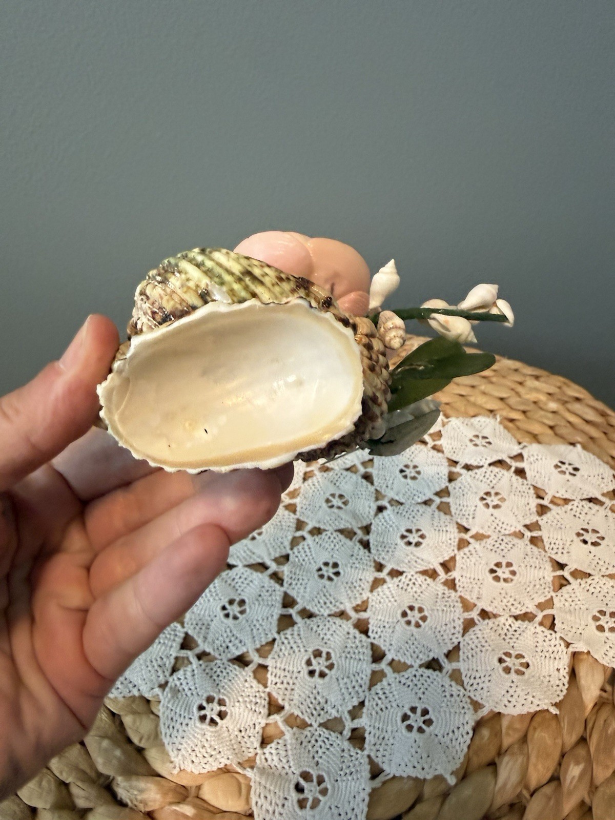 Vintage Pink Seashell Flower Arrangement Shell Art Floral Decor 6” Coastal Beach