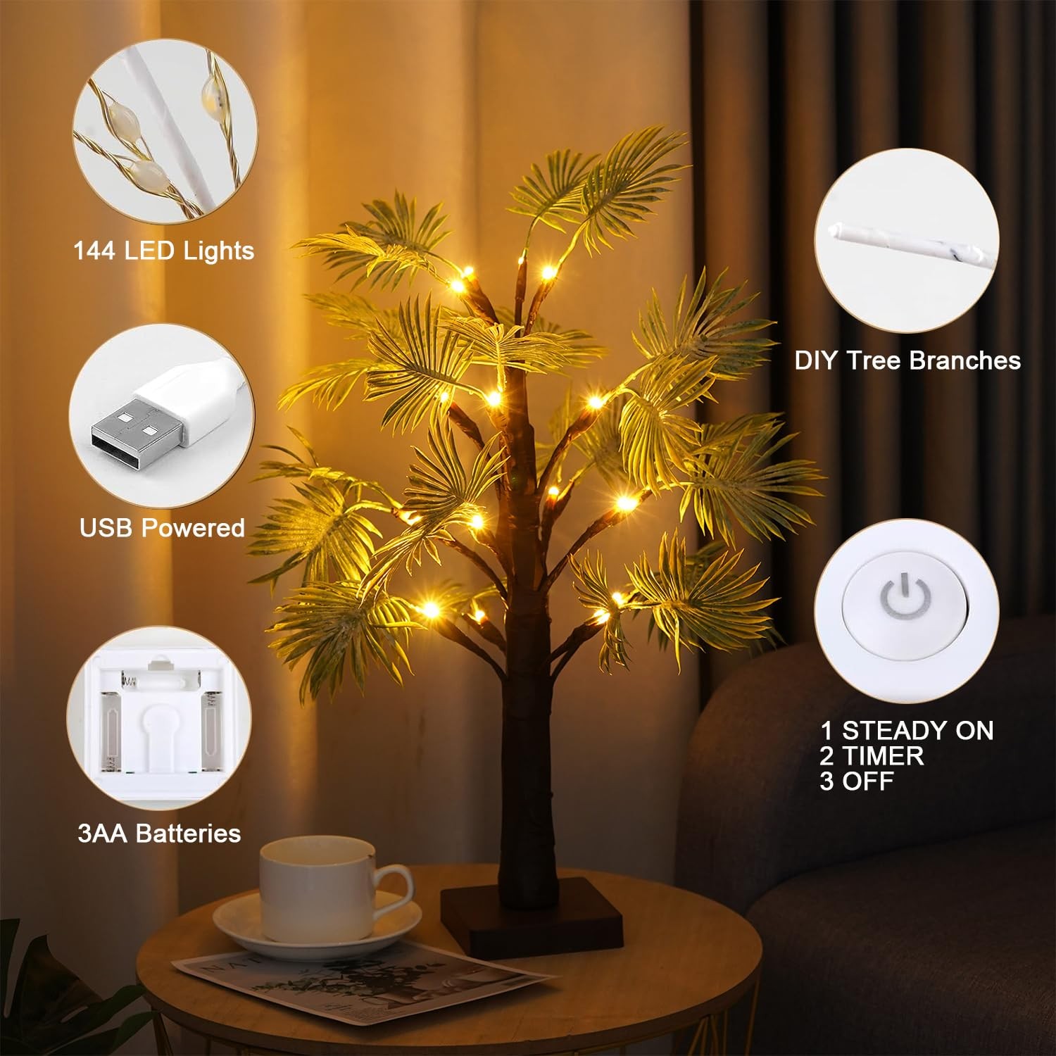 Lighted Trees for Indoor Decor, 24”2FT Lighted Palm Tree with LED Lights, Lighte
