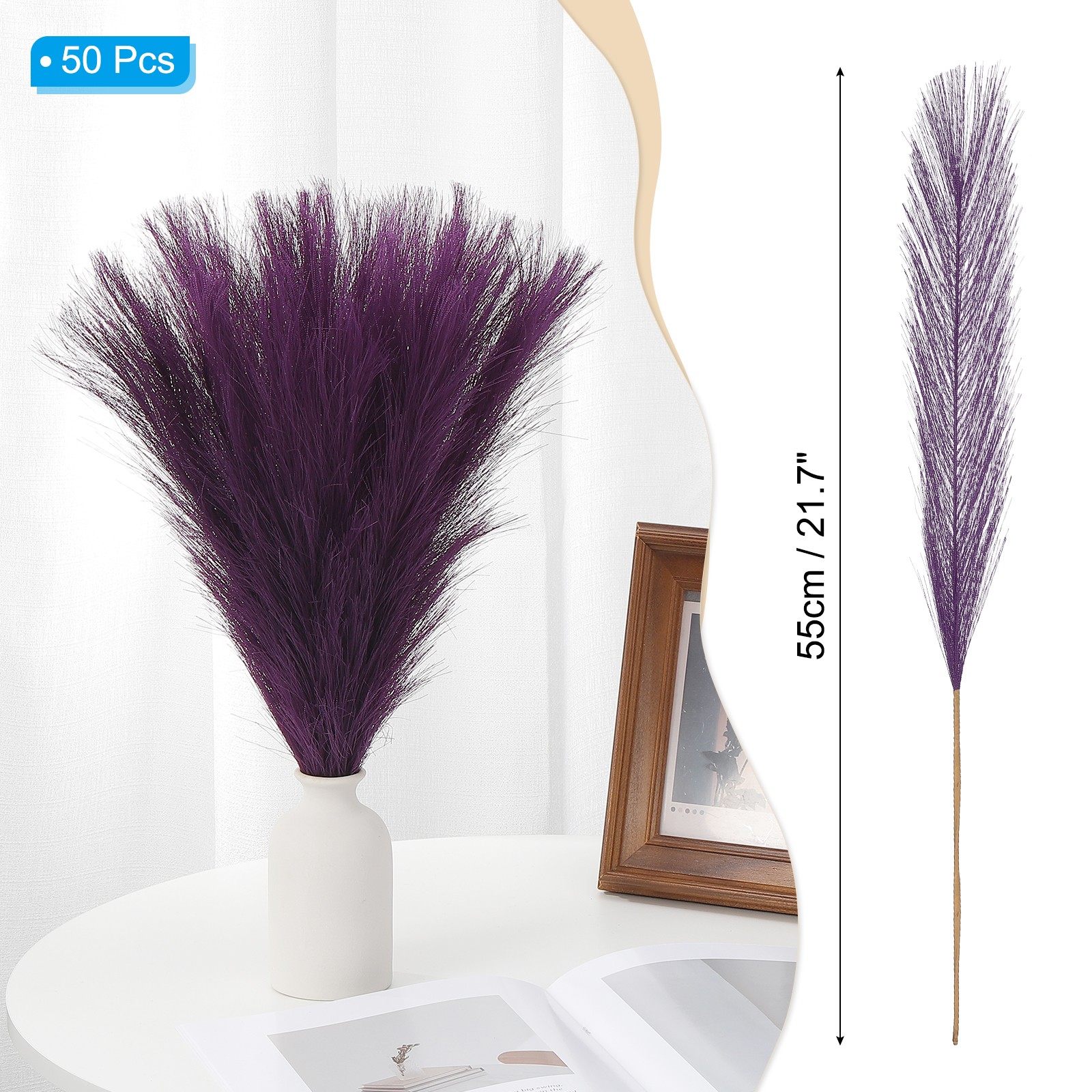 21.7in Pampas Grass Decor, 50pcs Artificial Pampas Grass Bulk, Dark Purple