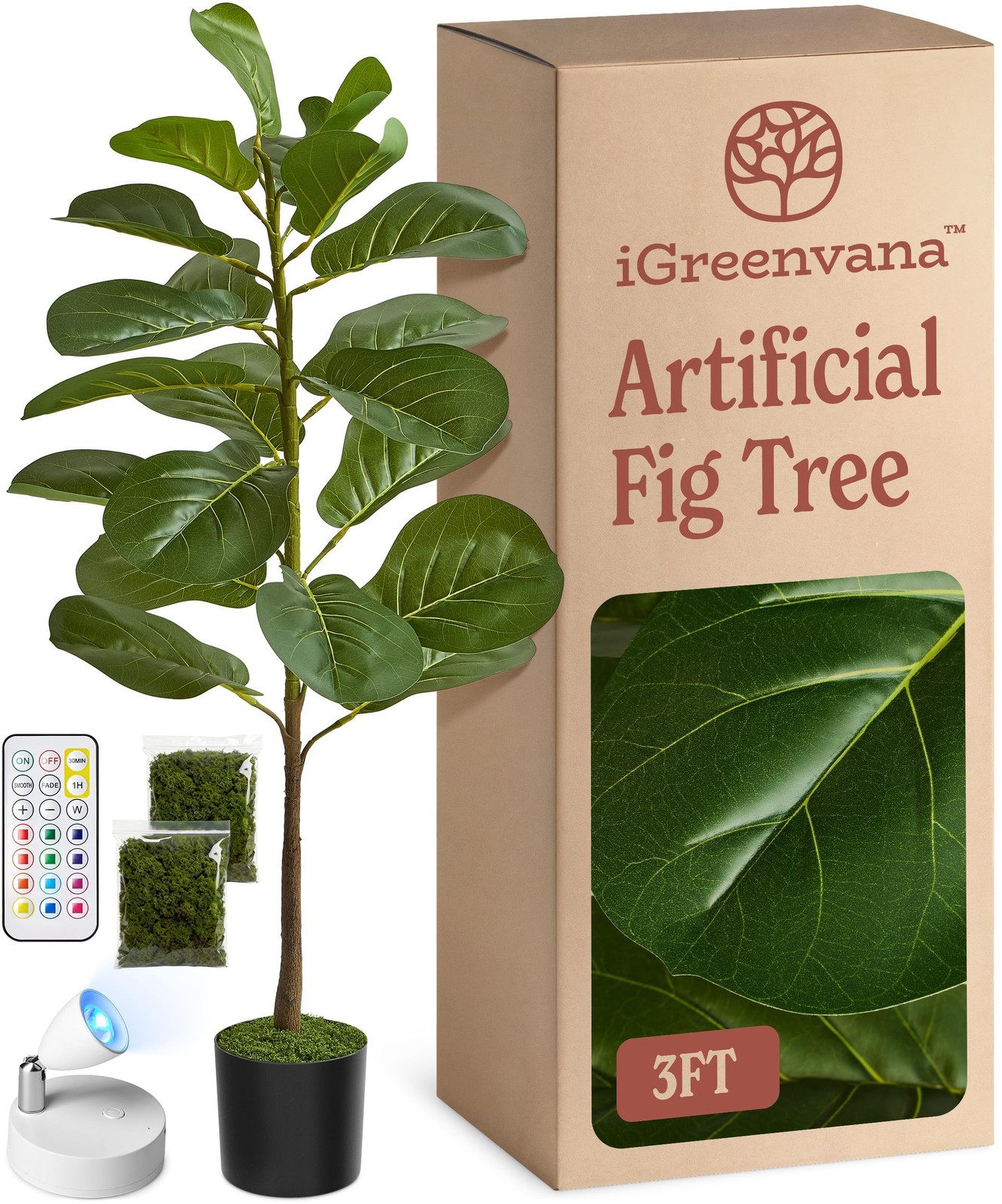 Artificial Fiddle Leaf Fig Tree 3ft (36 Inch) Tall – with Remote LED Spotligh…