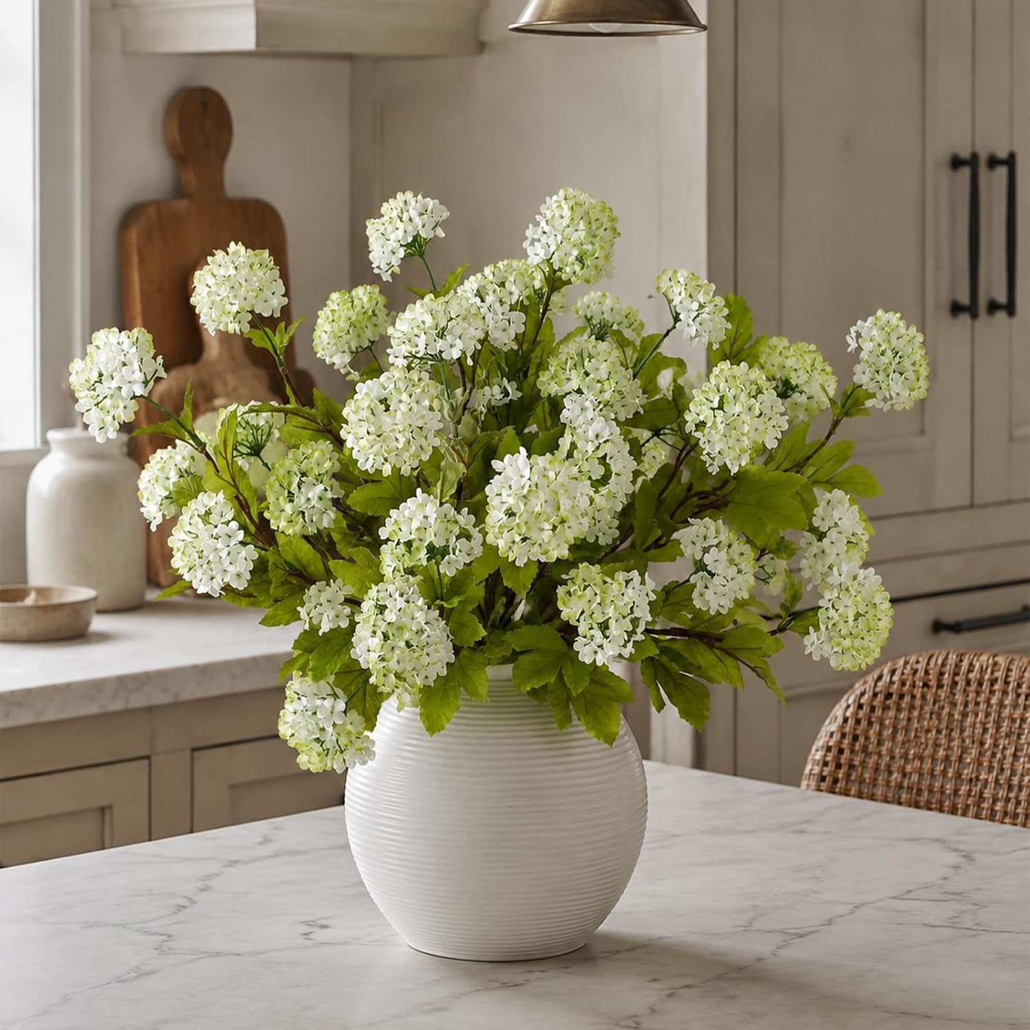 28″ Faux Hydrangea Flowers – 6 Pcs White-Green Silk Stems for Home Decor