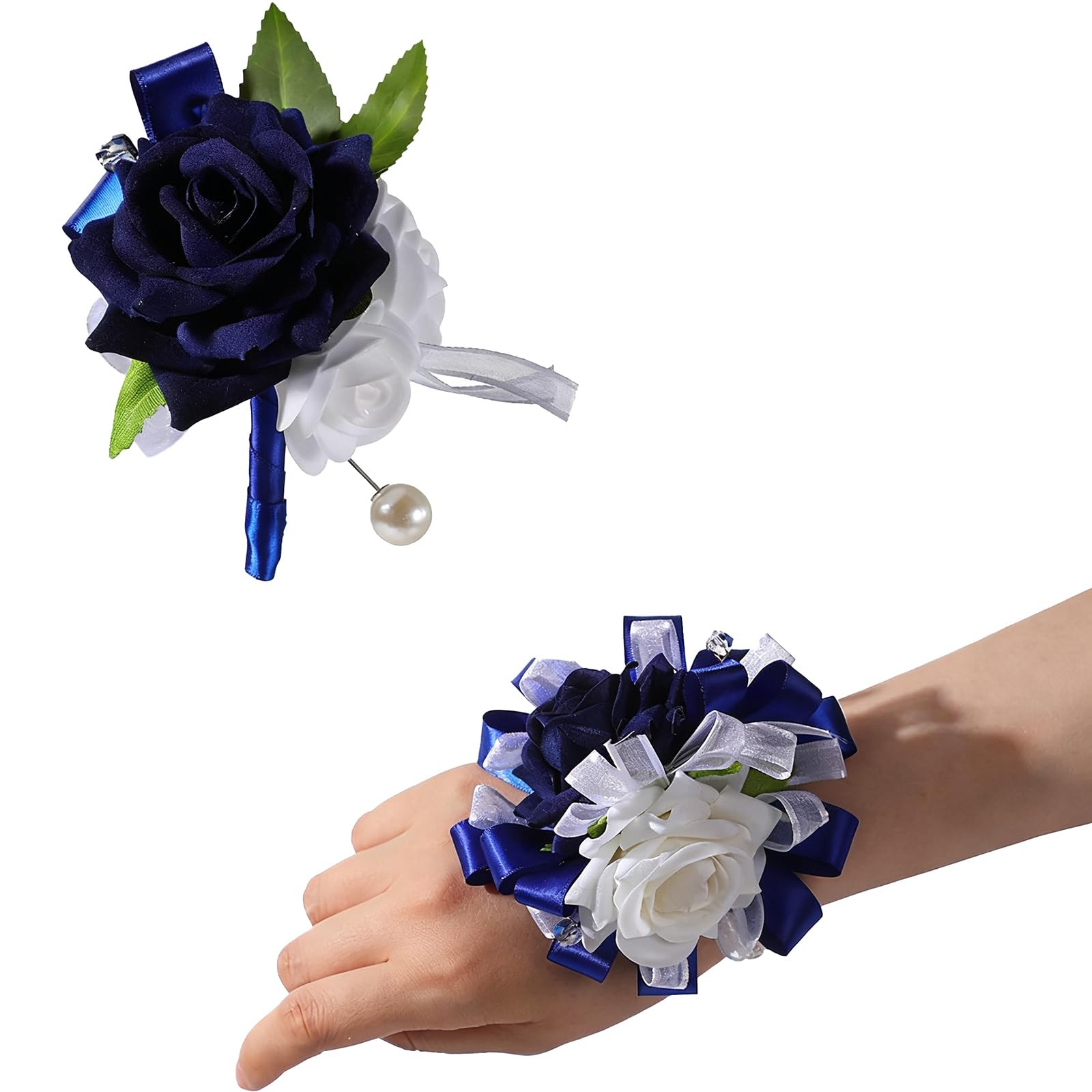 2 PCS Blue White Corsage Boutonniere Set Roses Wrist Crystal Prom Wedding