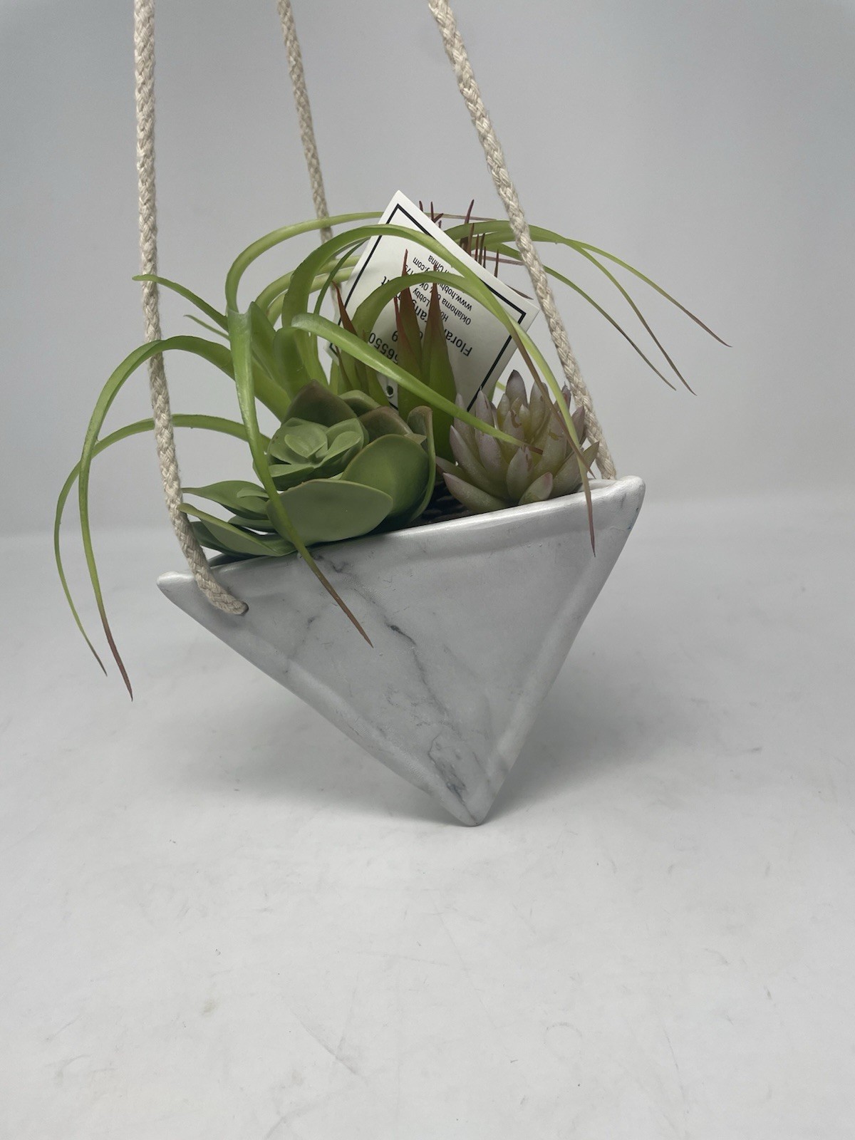 New Hanging Faux Succulent Arrangement Marble Triangle Planter Wall Decor