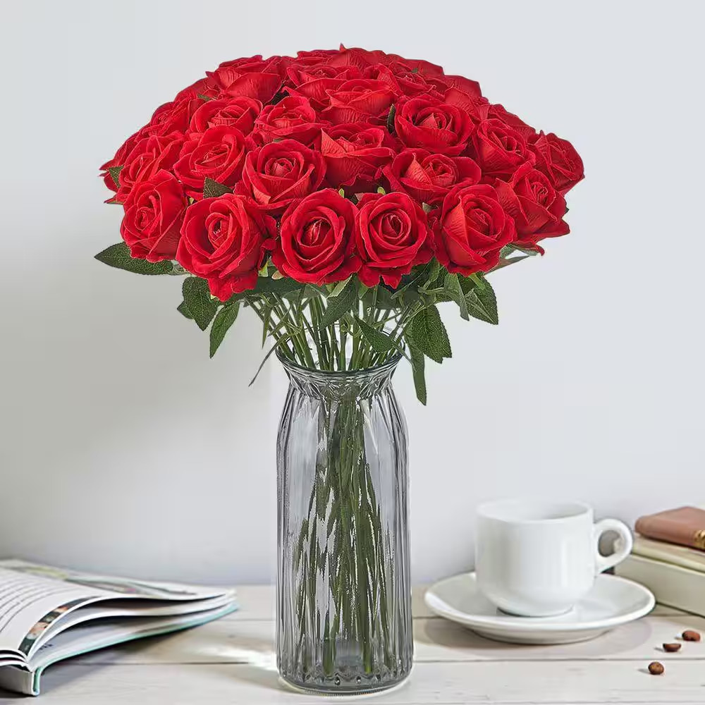 20 In. Faux Red Bridal Shower with Stems for DIY, Artificial Flowers, 60-Pieces