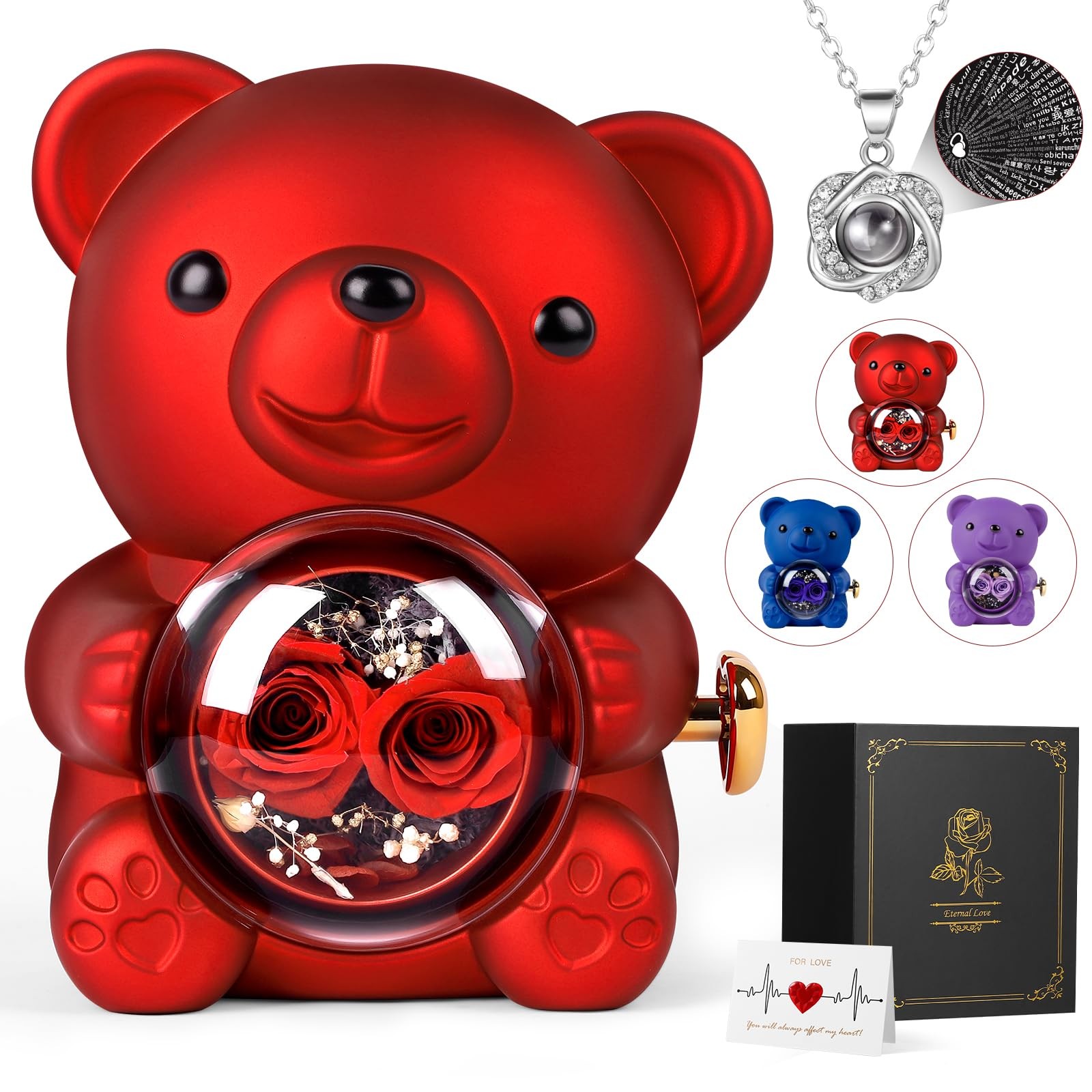 Rose Bear Teddy with Necklace Gift Box for Girlfriend, Cute Forever Red