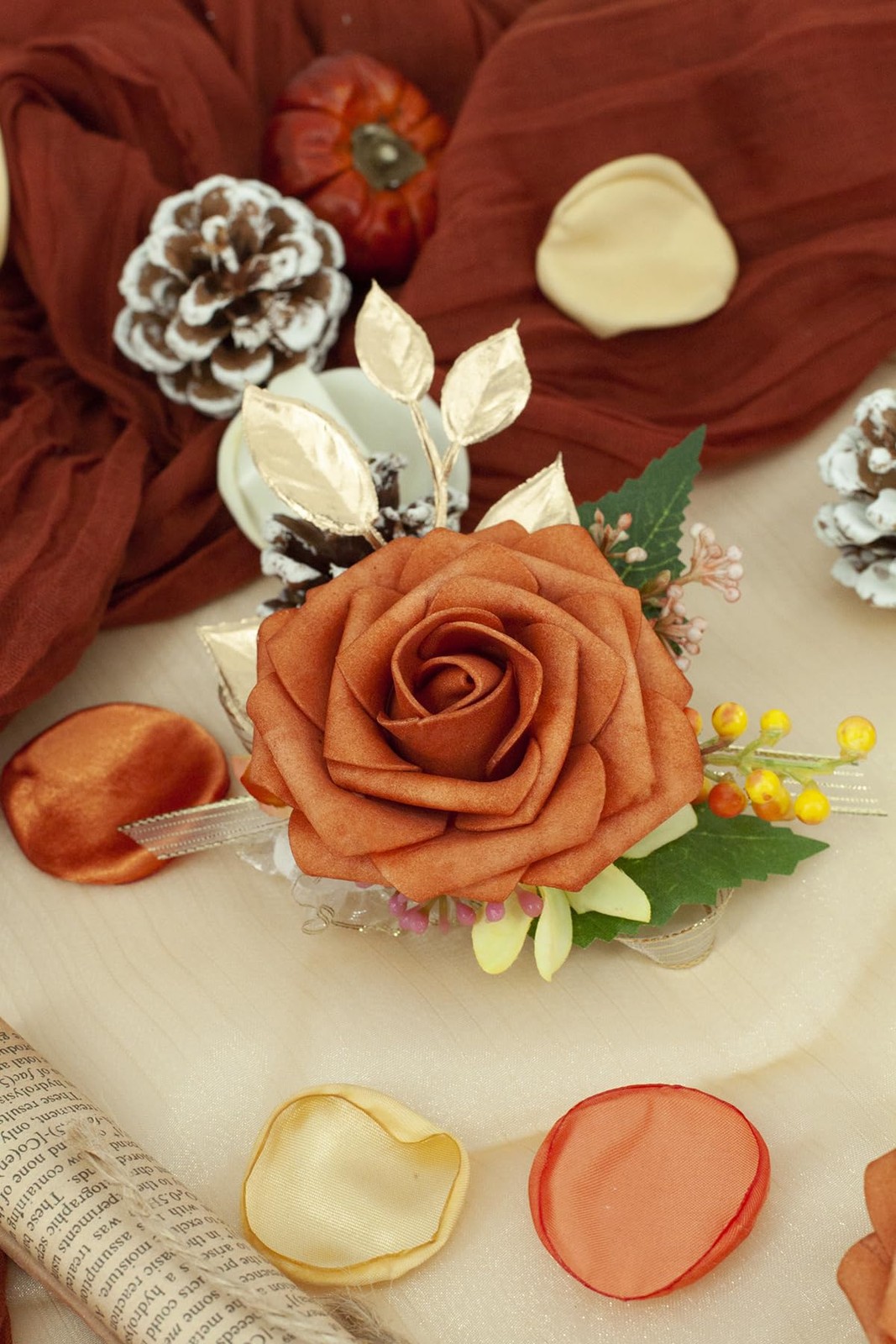 Burnt Orange Wrist Corsage and Boutonniere Set for Wedding Prom Homecoming Ar…