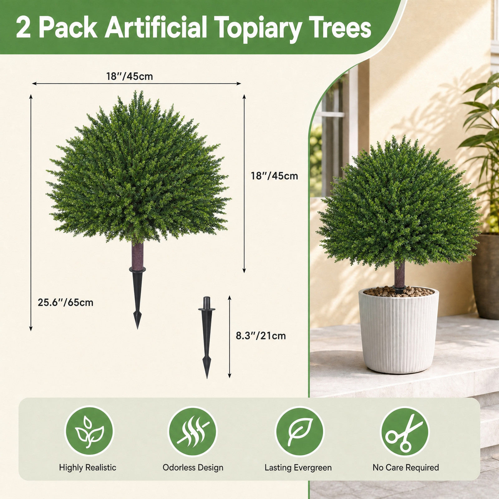 2 Pack 18in Artificial Cedar Topiary Trees UV Resistant Indoor Outdoor Decor