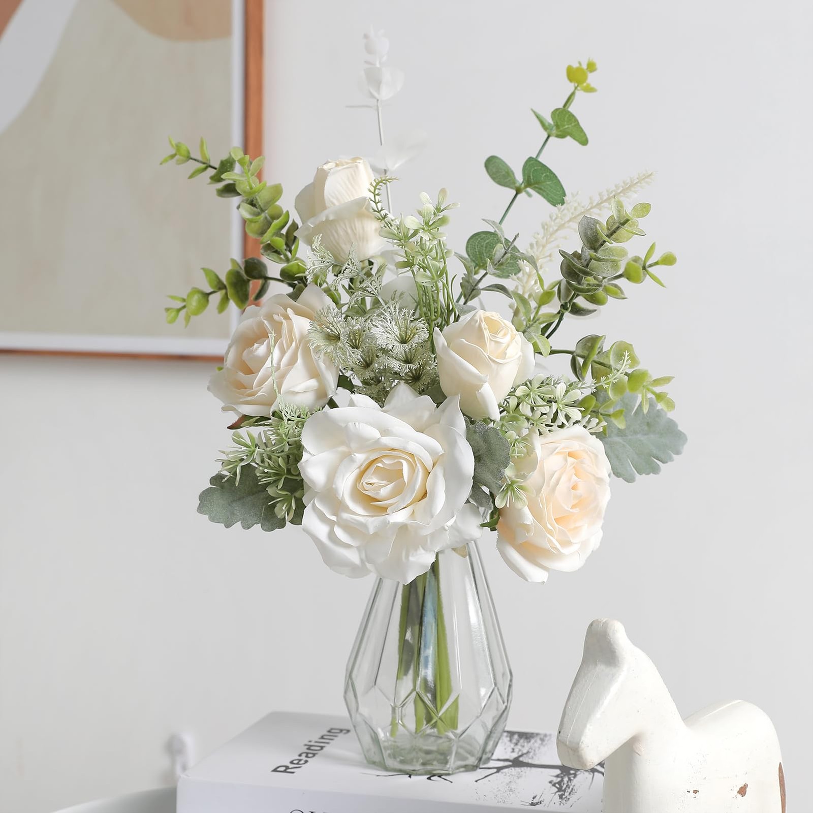 Artificial Flowers with Vase,White Silk Roses and Fake Plant Eucalyptus in Va…