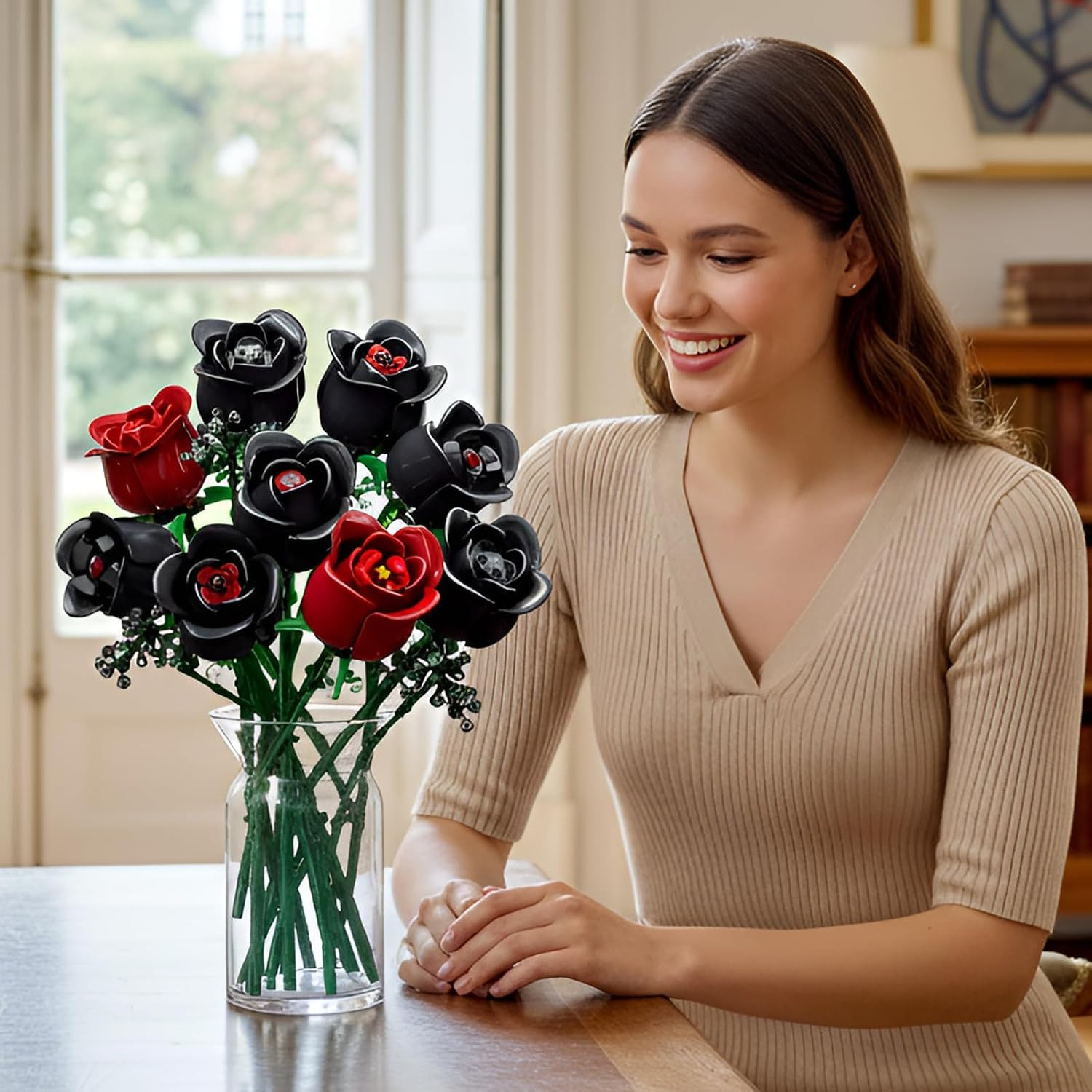Flowers Bouquet Building Set for Adults, Botanical Collection, Black Roses