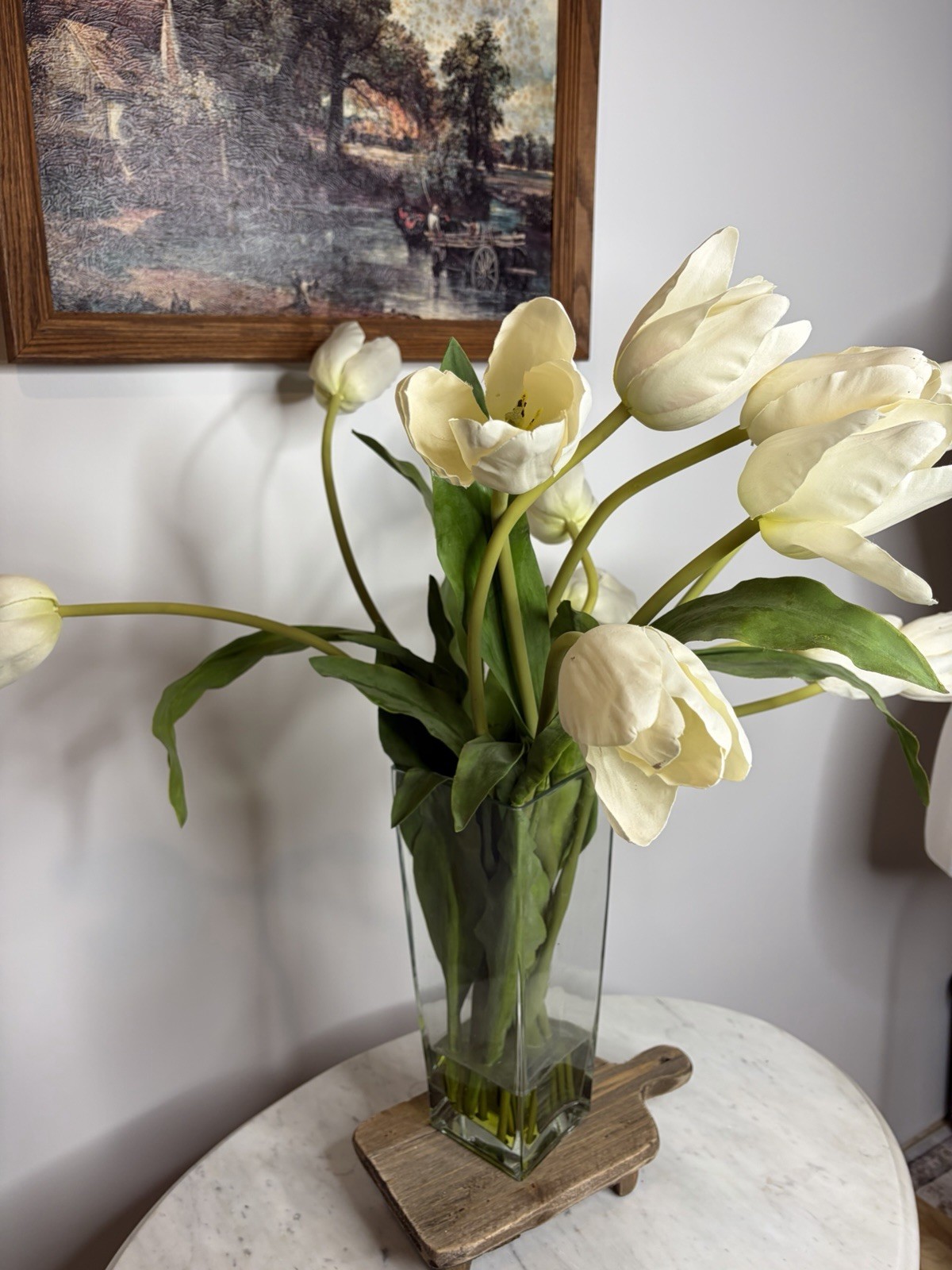 Artificial White Tulip Arrangement in Tall Glass Vase Faux Flower Centerpiece
