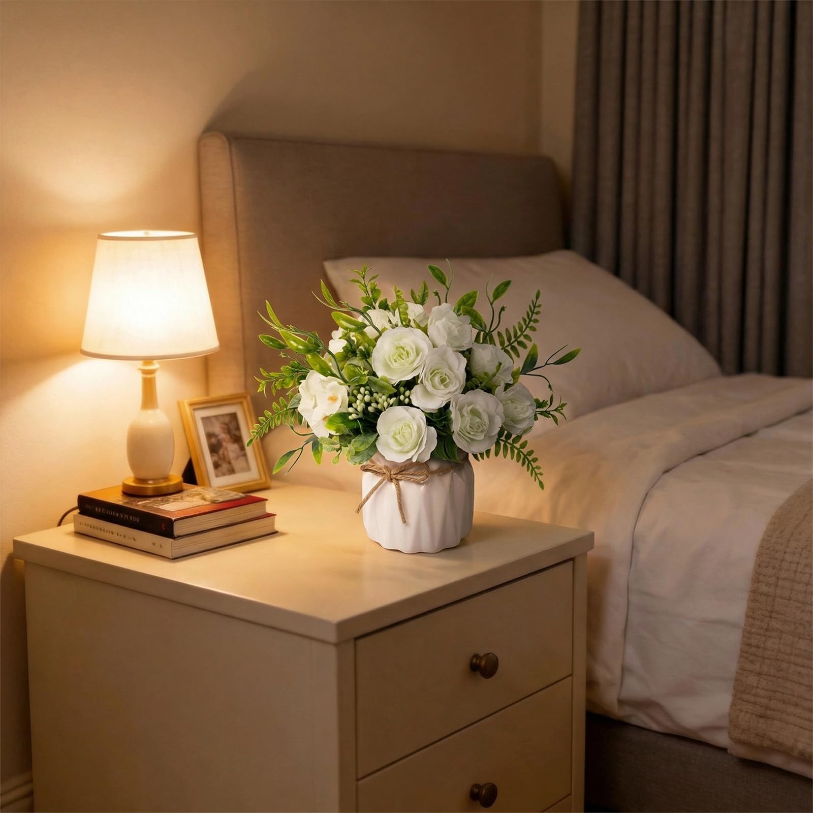 White Artificial Silk Roses with Ceramic Vase, No Maintenance Faux Flower Arr…