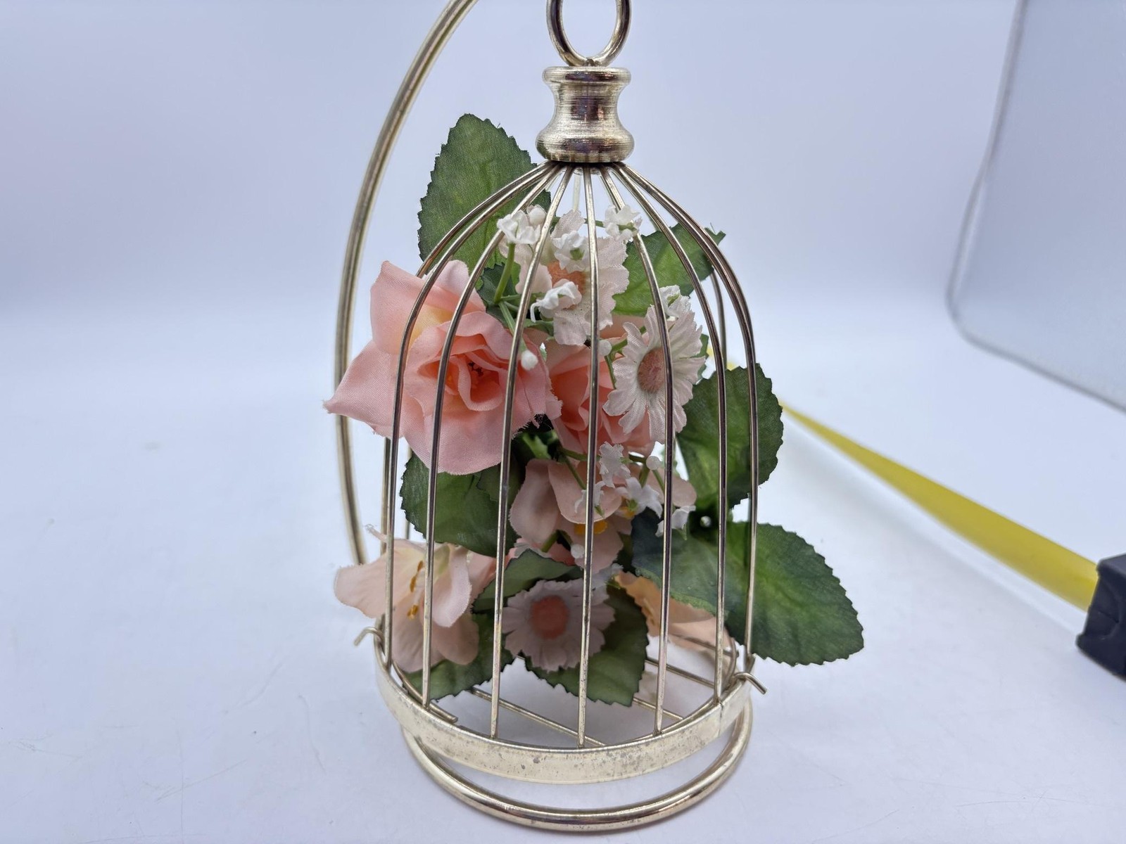 Metal Birdcage Artificial Rose Daisy Houseplant With Stand 8″ Floral Decor