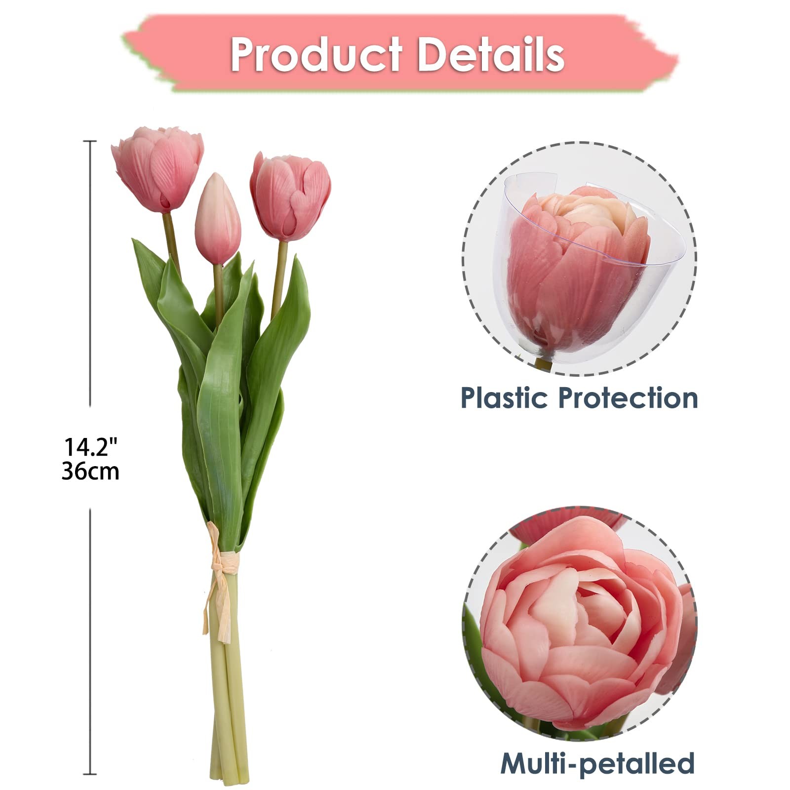 6 PCS Artificial Tulips Flowers Pink Real Touch Fake Latex 14″ Bouquet