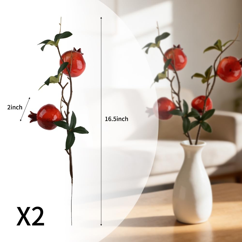 Artificial Pomegranate Branch Stems, Red Fruit with Green Leaves, Table Cente…