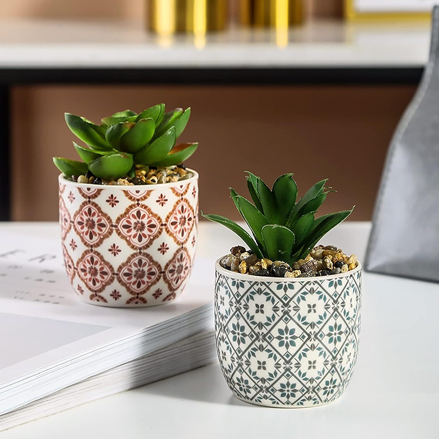 Karlliu Artificial Plants Mini Succulent Flowers in Ceramic Pot Small Fake