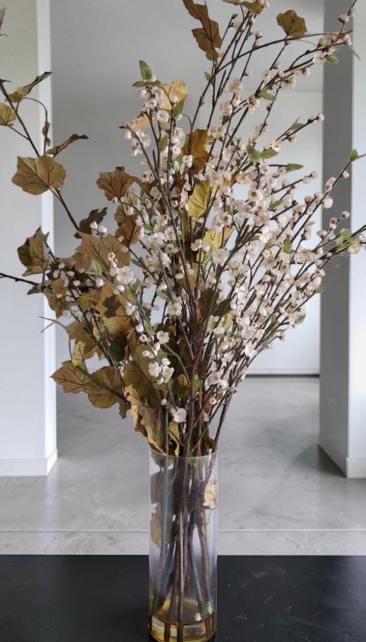58″ Large Faux Quince Blossom Cream / White Stem Flowering Branch Centerpiece