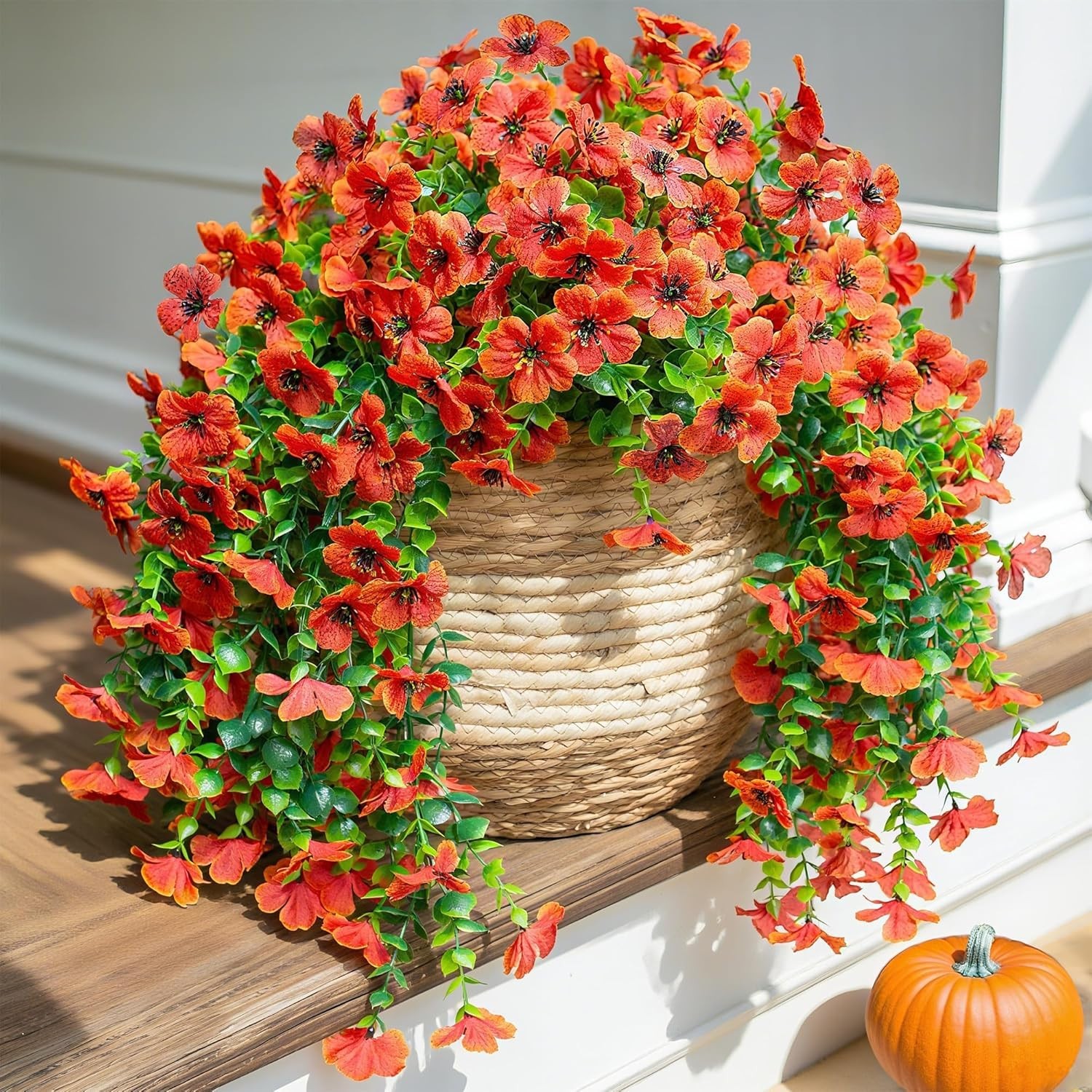 Fall Fake Mums Artificial Flowers Hanging Decoration for Outdoors, 2Pcs Orang…