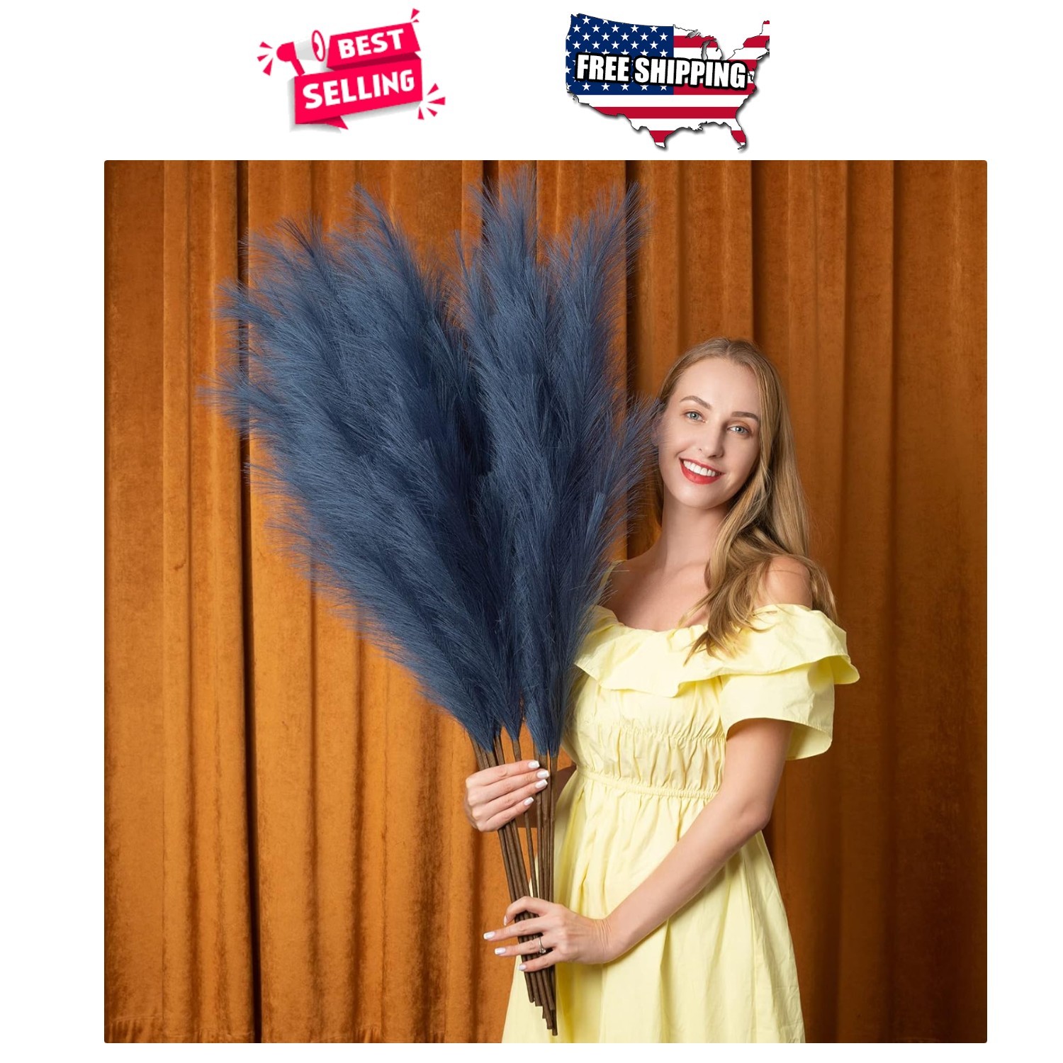 Blue Pampas Grass Artificial 6 Stems 43in Tall Boho Home Decor Floor Vase Filler