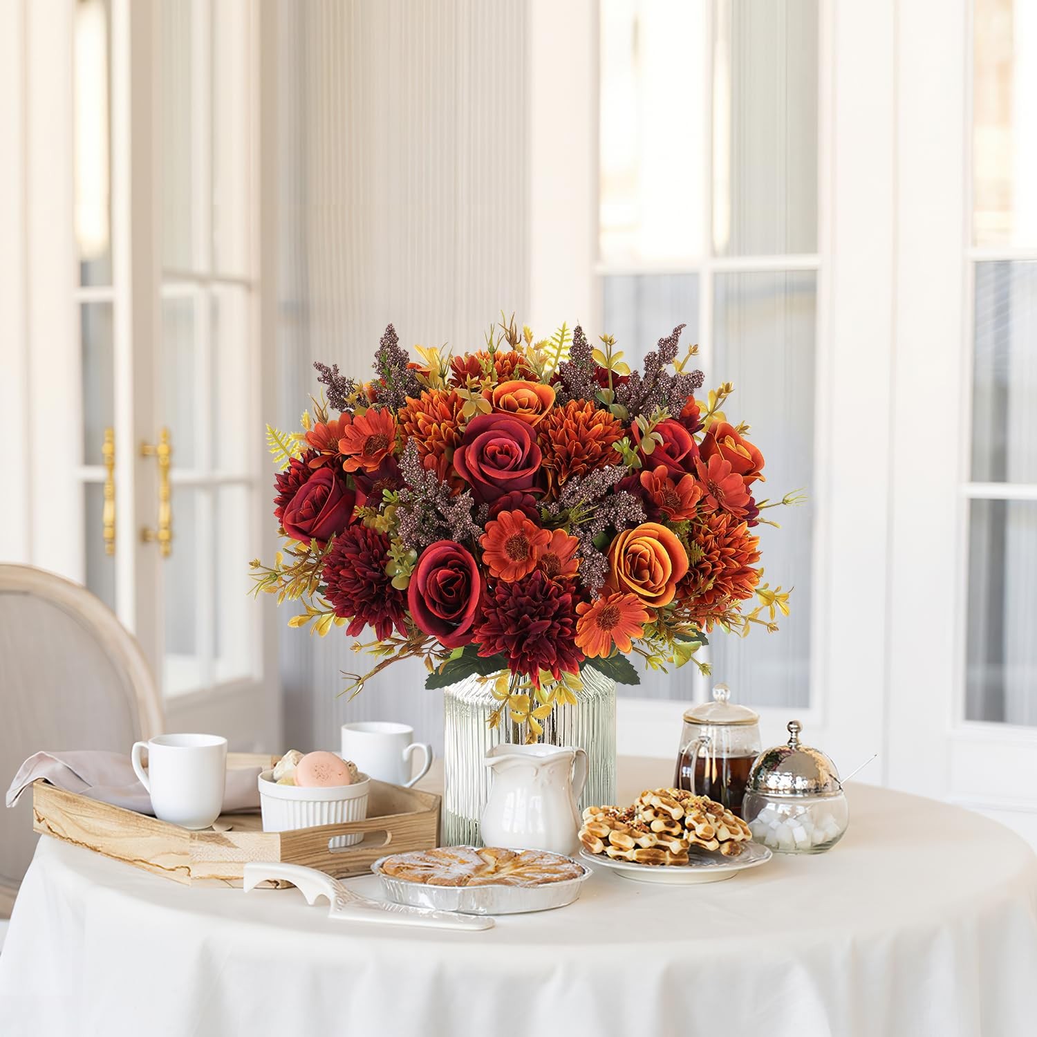 2 PCS Artificial Bouquet Silk Roses Daisy Chrysanthemum Orange Red Flowers