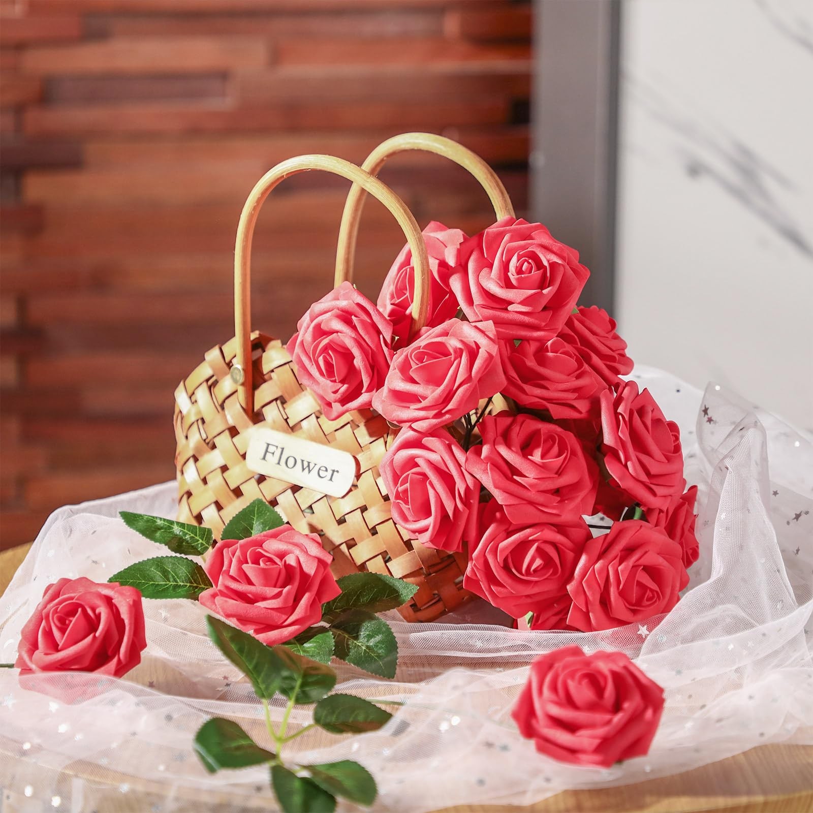 100 Pcs Artificial Flowers Real Looking Rose Flowers Foam Fake Roses With Leaves