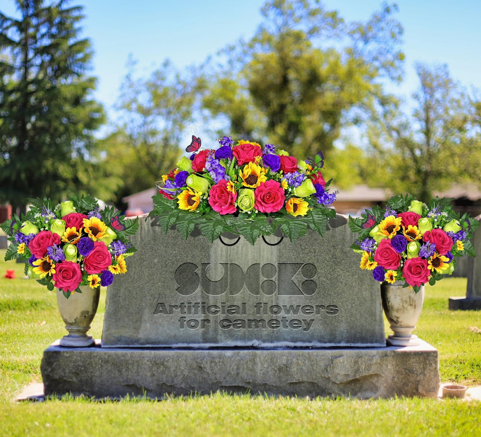 Grave Flowers Colorful Memorial Silk Bouquet With Vase Graveyard Decor 1 PCS