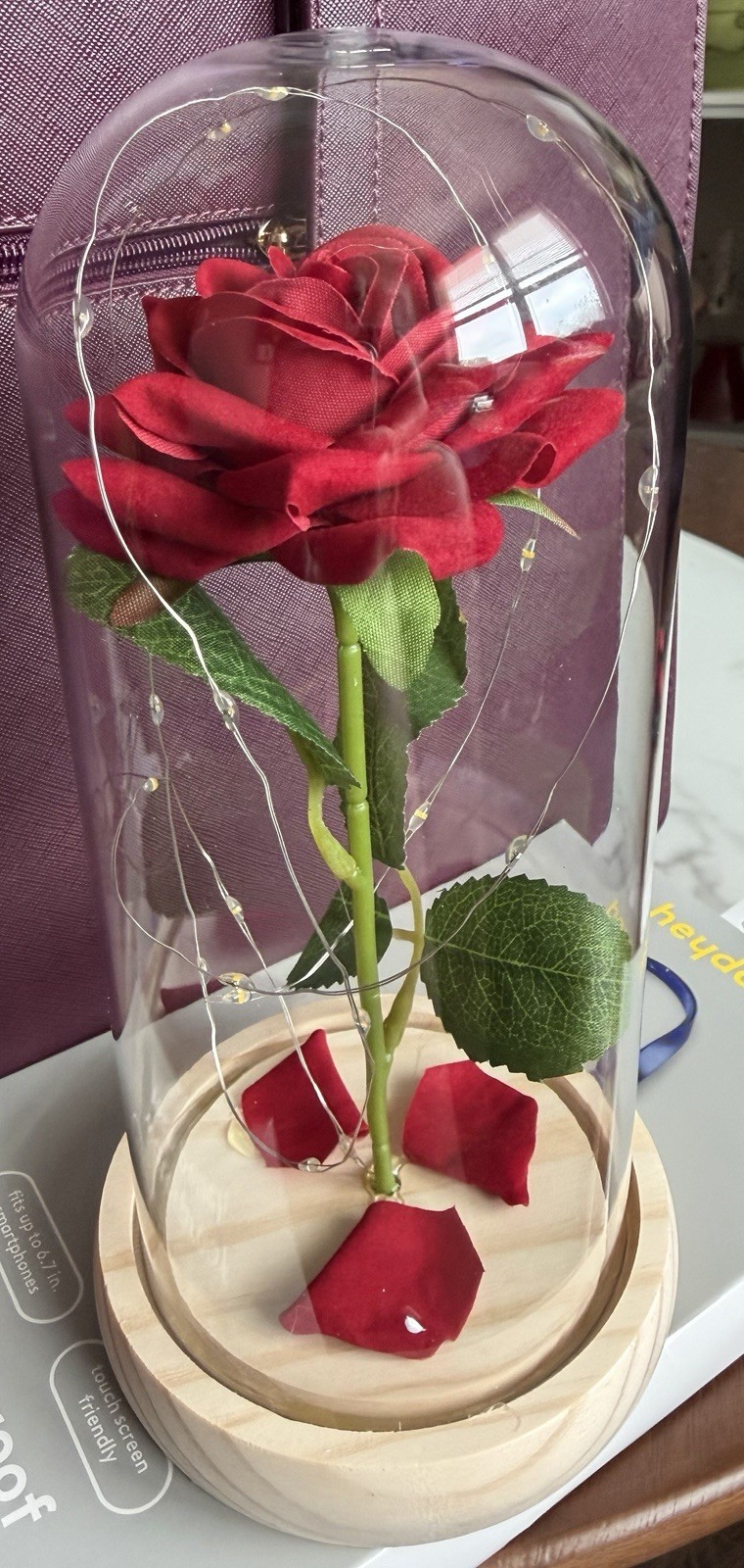 Dependable Industries Artificial Red Rose Glass Dome Display LED Light Wood Base