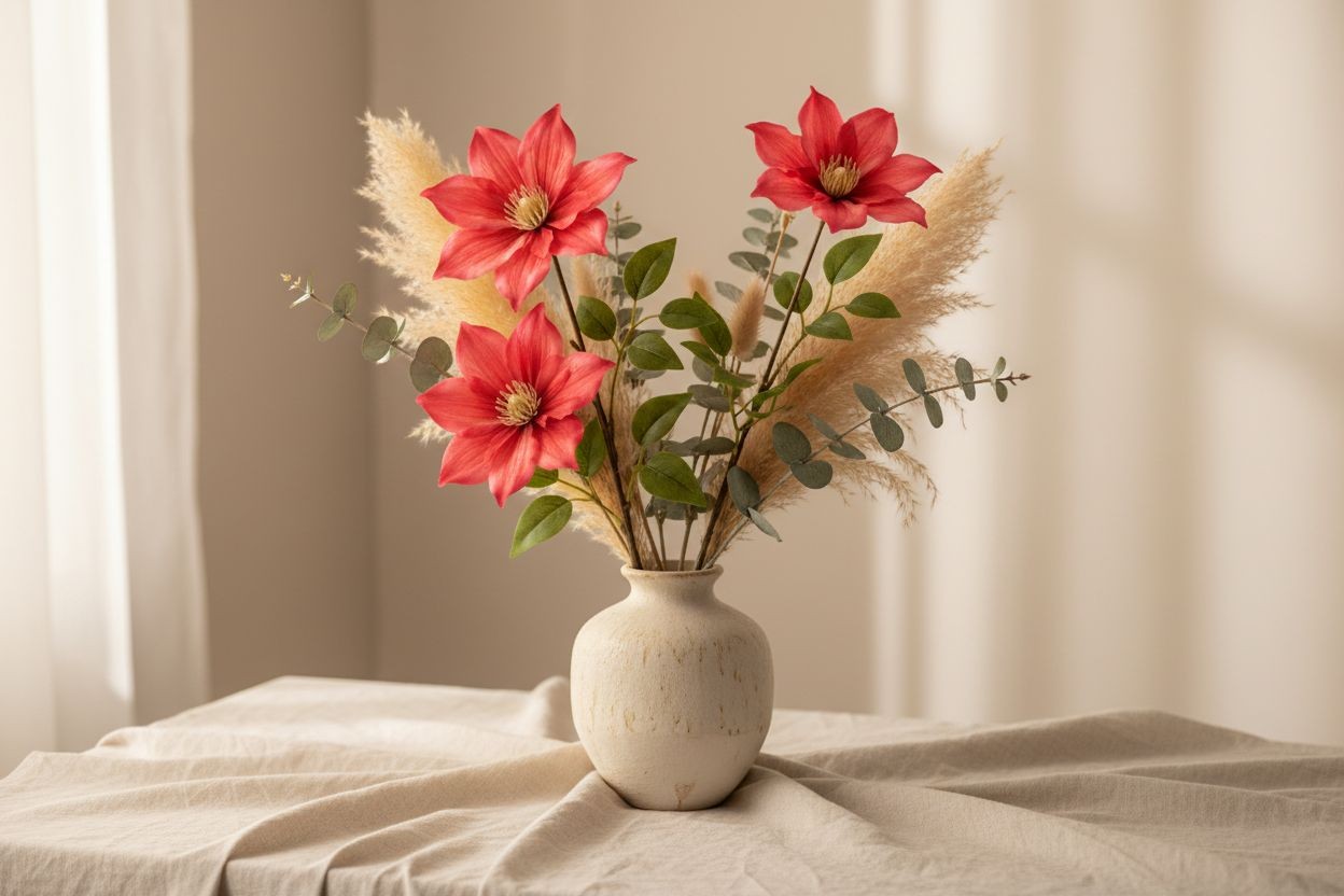 Coral Red Clematis Stem Faux Flower Spray 28 Inch Floral Stem Artificial Bloom P