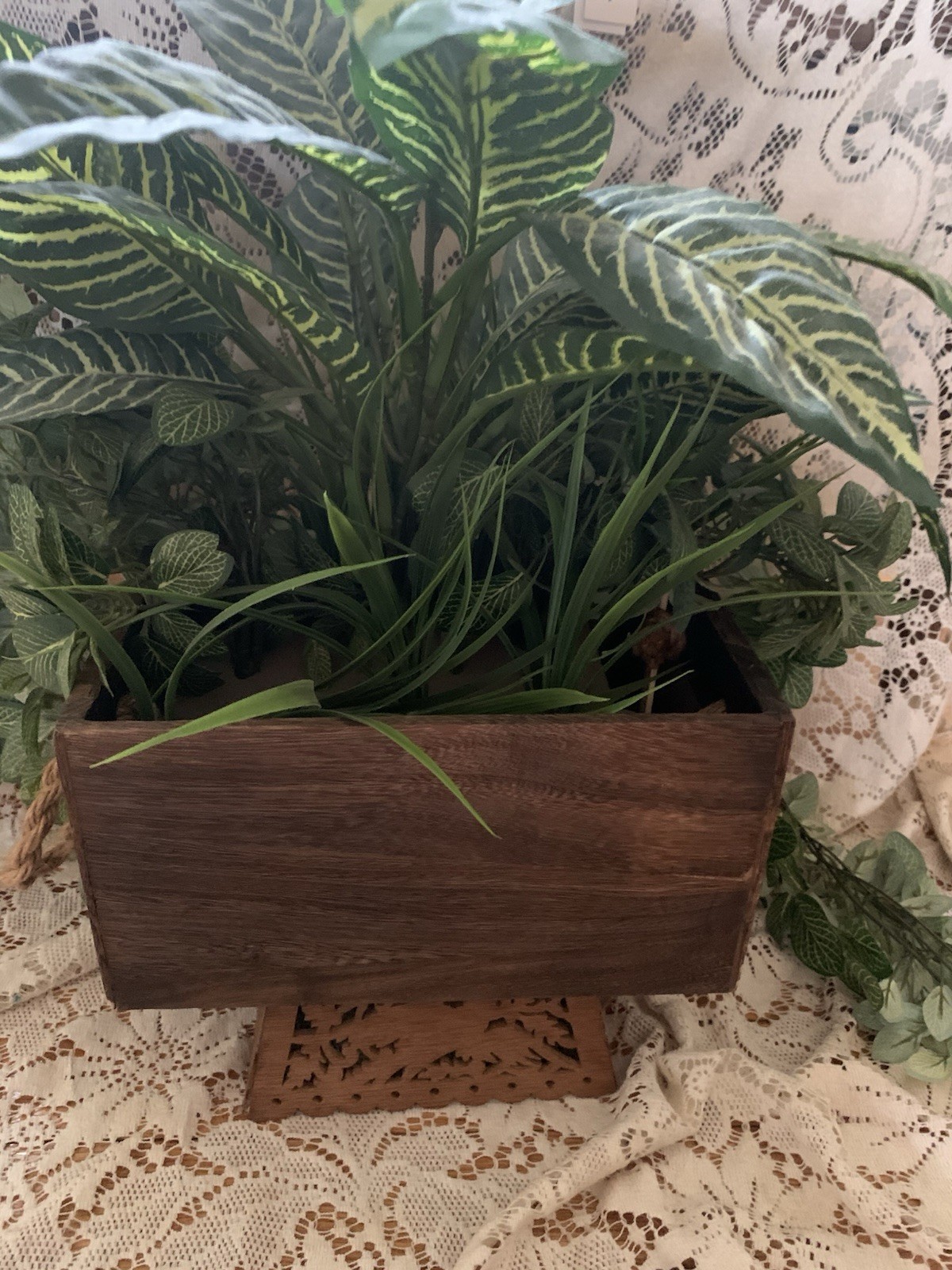 Rectangular Wood Rustic Planter Box Faux Green Plant Arrangement For Table 10″L