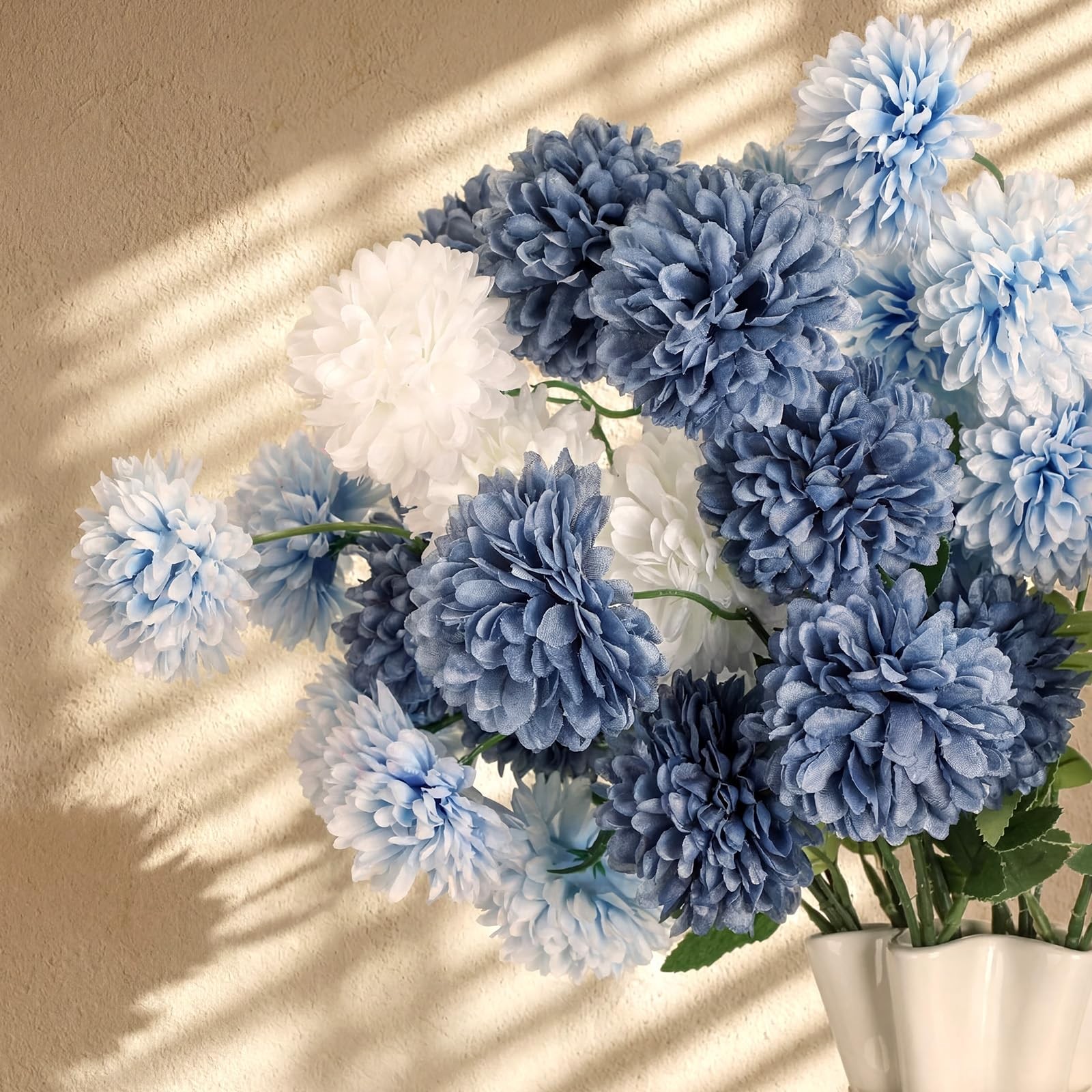 White Navy Blue Artificial Chrysanthemum Silk Mum Flowers 8 PCS 21 Inch Ball