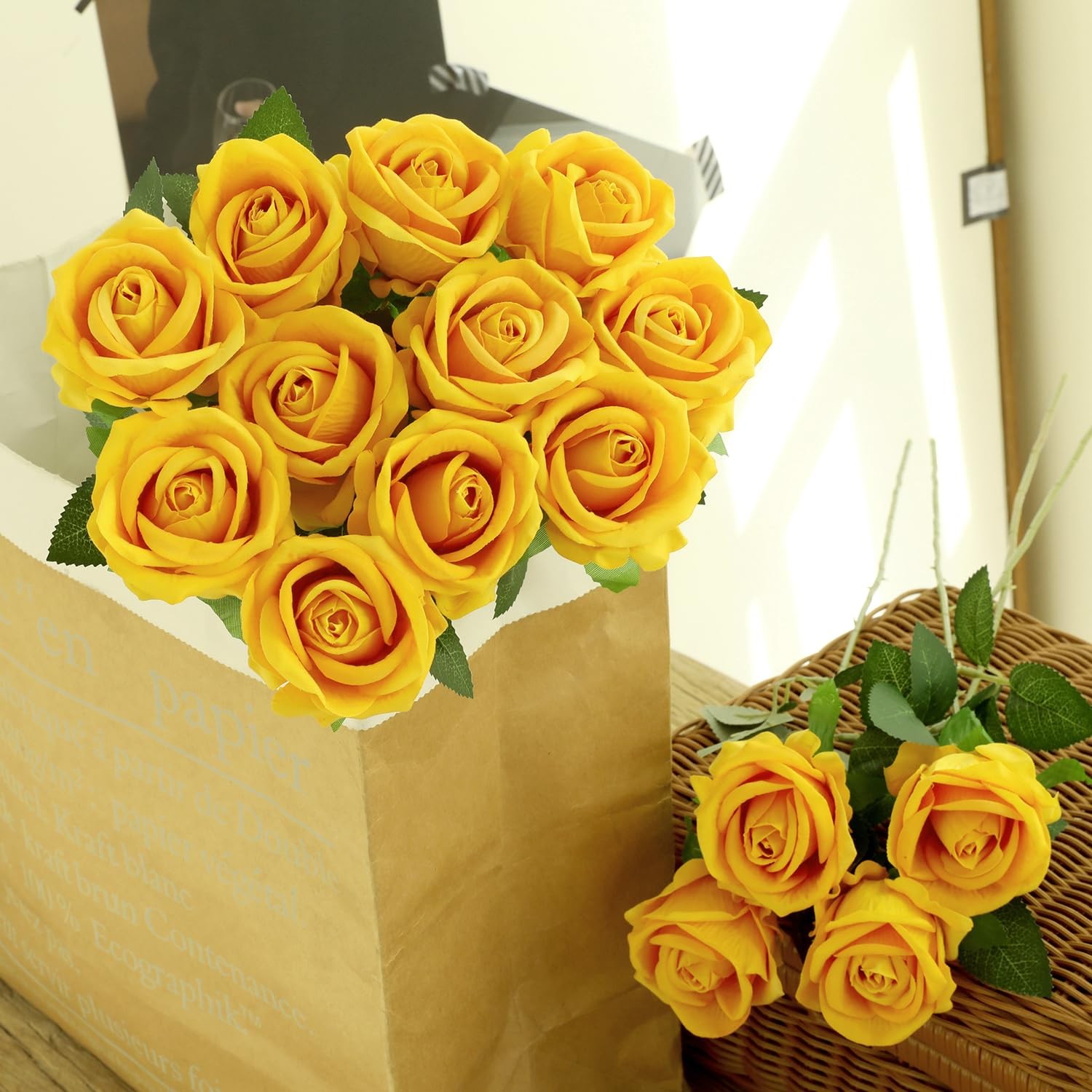 12 PCS Yellow Pearl Artificial Roses Fake Velvet Silk Flowers Wedding Home