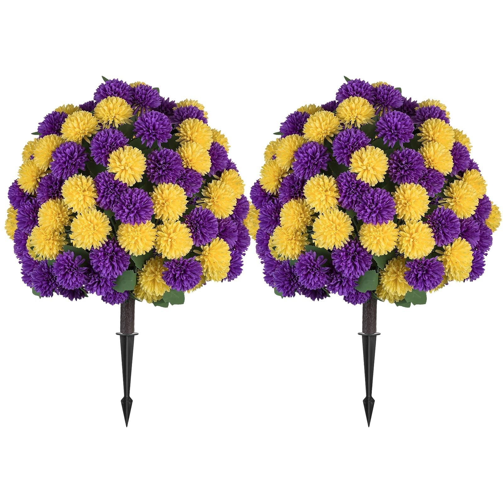 Faux Mums Flower with Stakes for Outdoor Planters, Set of 2, Large