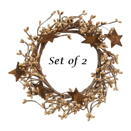 NEW PRIMITIVE Berry Wreath Candle Rings 2pc Rust Stars 4″ TEASTAIN Pips Rustic