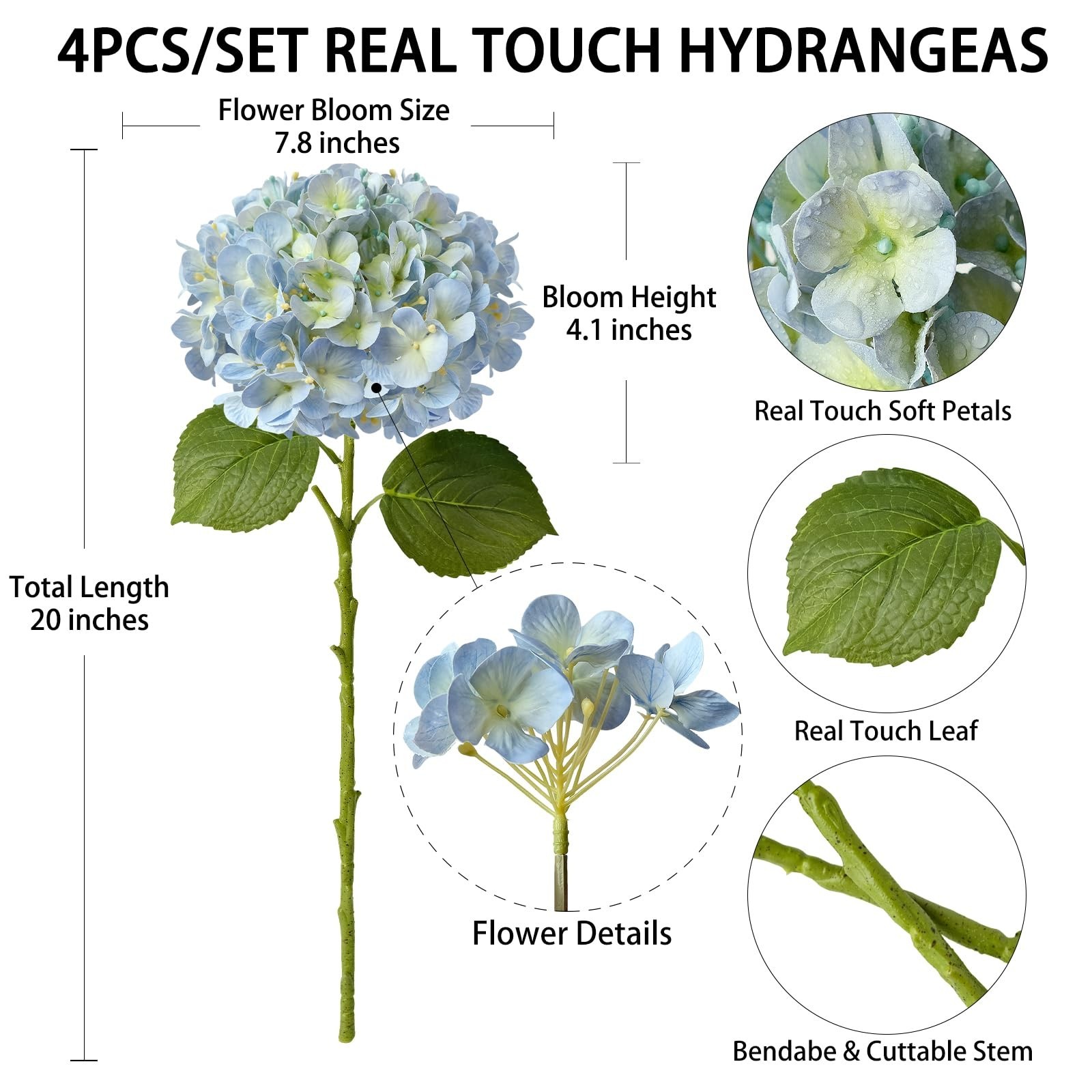 SUMTIPHUN 4 Pcs 20” Real Touch Hydrangeas 2 White 2 Light Blue Artificial
