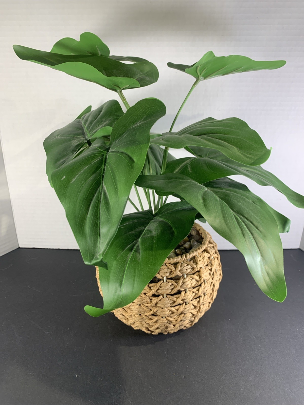 Faux Tropical Sweetheart Plant Seagrass Woven Planter Alocasia River Rock 12”