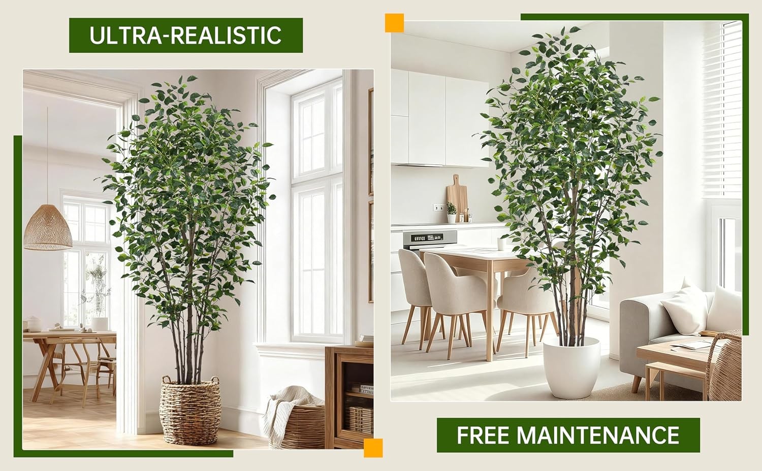 Artificial Ficus Tree 7FT with 1748 Leaves & White Planter Realistic Tall Large