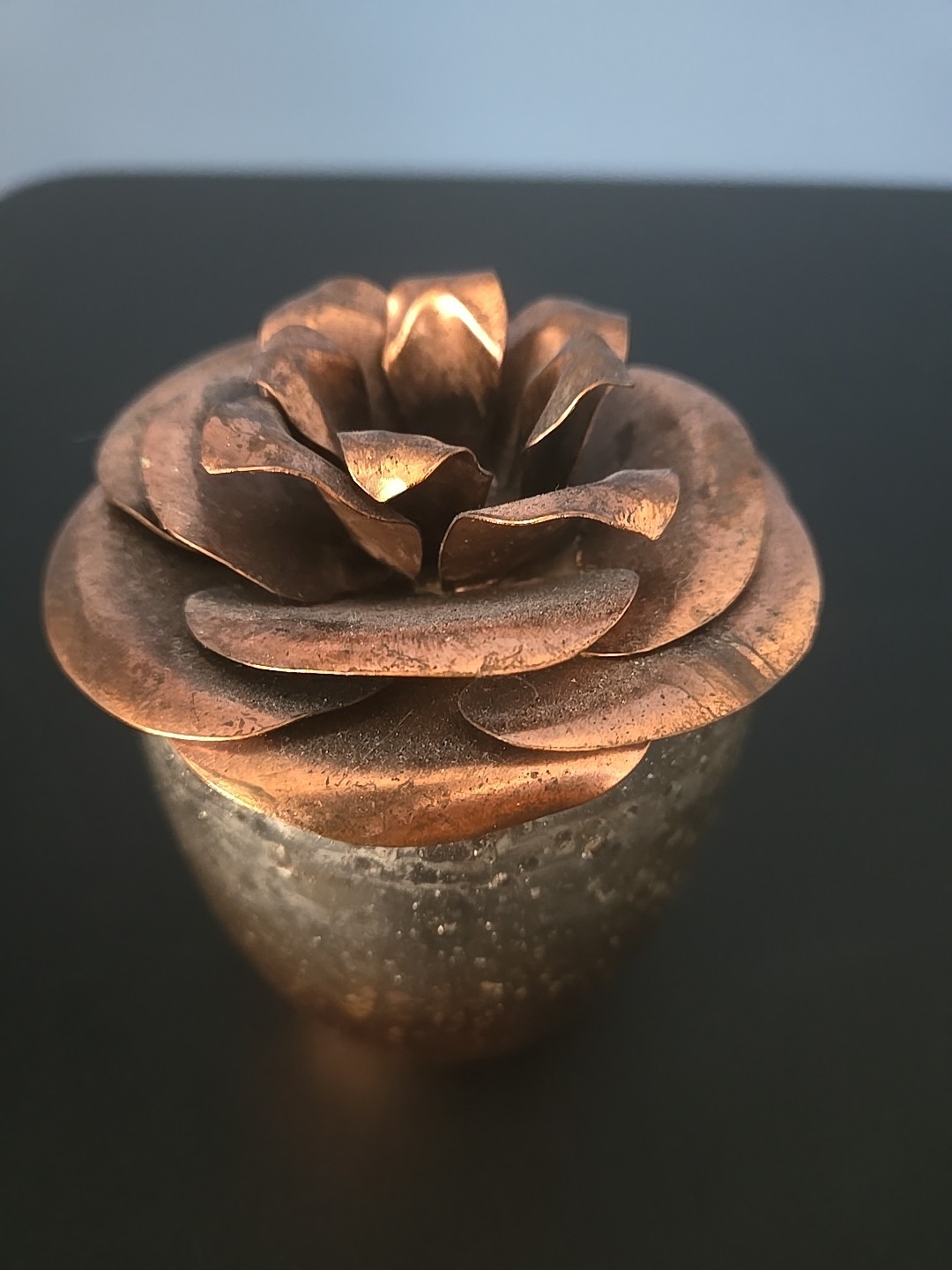 Copper Metal Rose Flower Top handcrafted bent welded & Partial Candle Glass