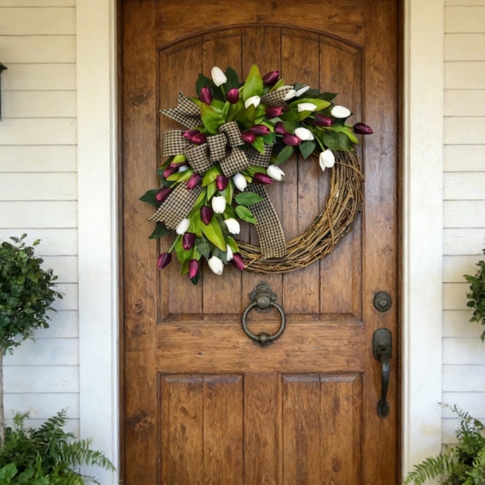 Natural Rattan Spring Tulip Wreath for Door Wall Decor Purple Silk Floral 35cm
