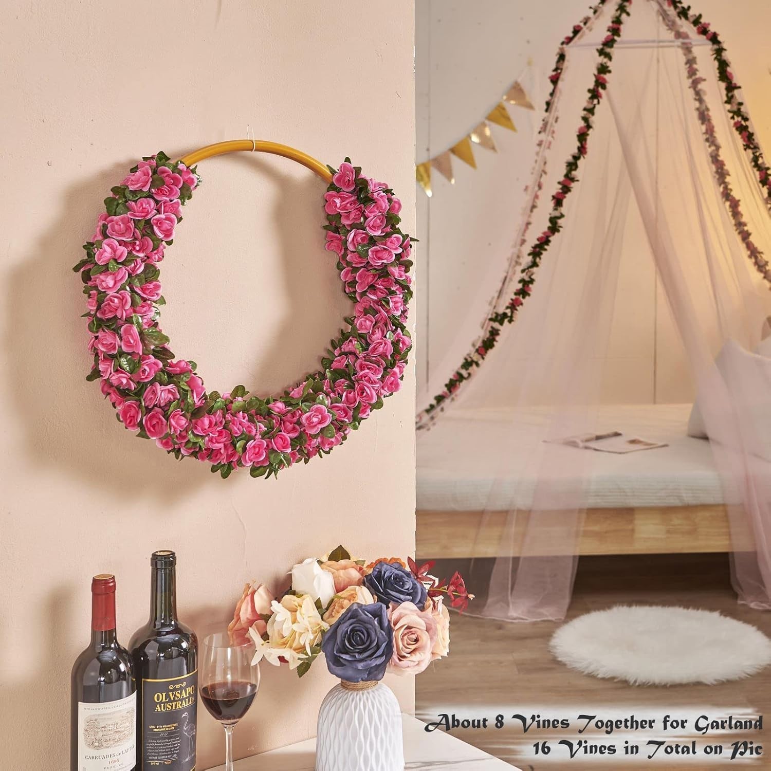 Guirnalda de Rosas Artificiales 8 Pcs x 8.2 ft Flores de Seda Boda Jardin Decora