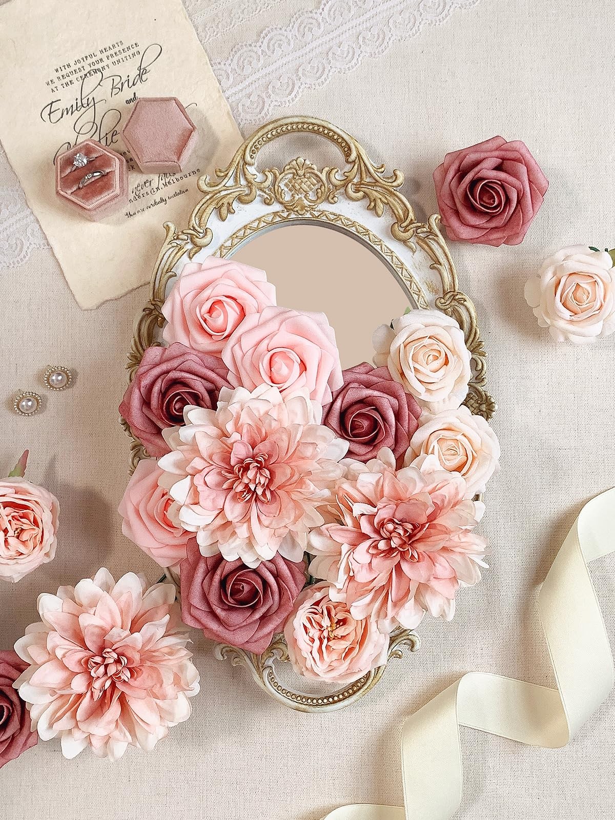 Dusty Blush Pink Roses Artificial Flowers, Fake Flower Bulk, DIY Wedding Bouquet