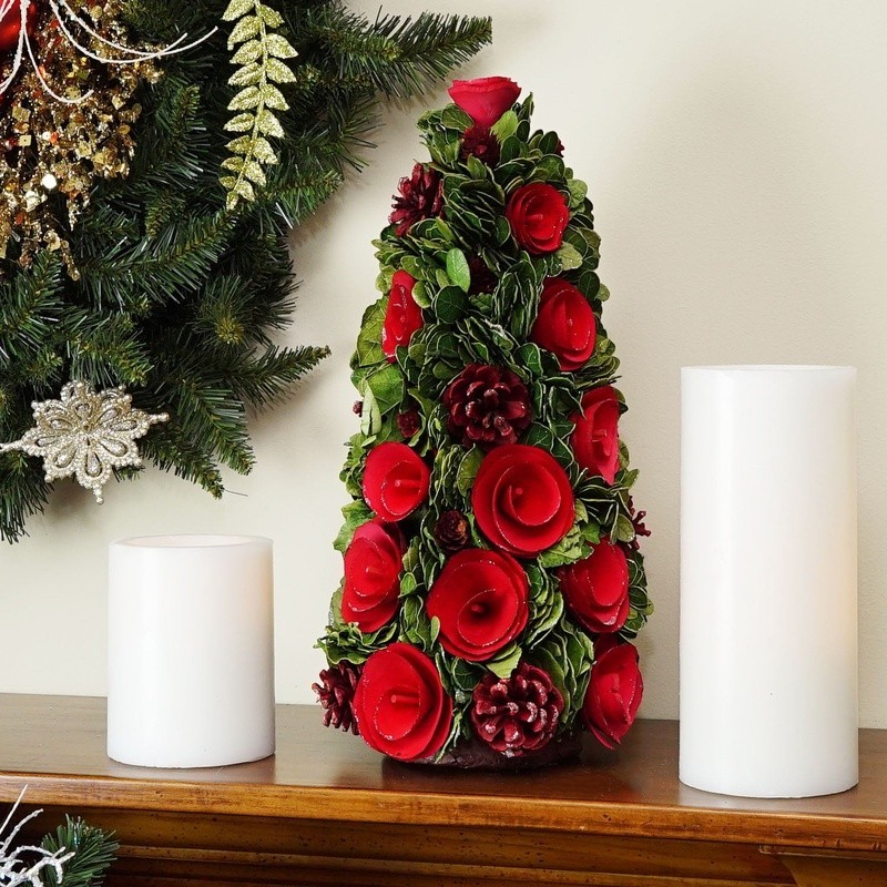 Flower Cone Tree Decor Red Green Roses Pine Cones Indoor Christmas Decoration US