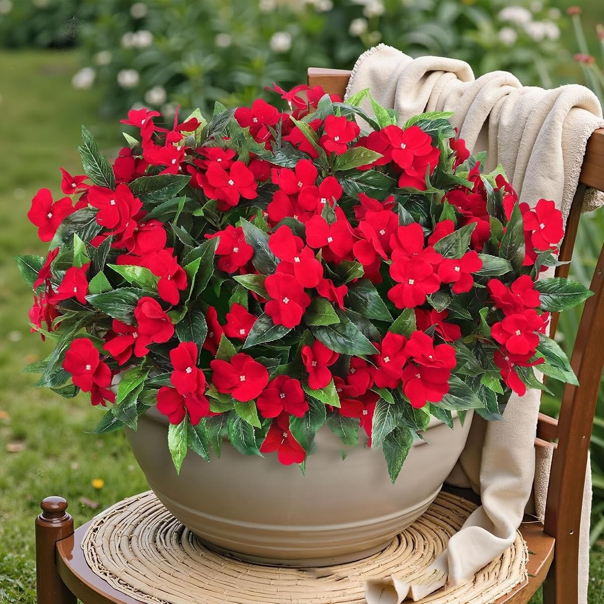 4 Pcs Artificial Impatiens Fake Flowers Bouquet for Outdoor Decor UV Resistan…
