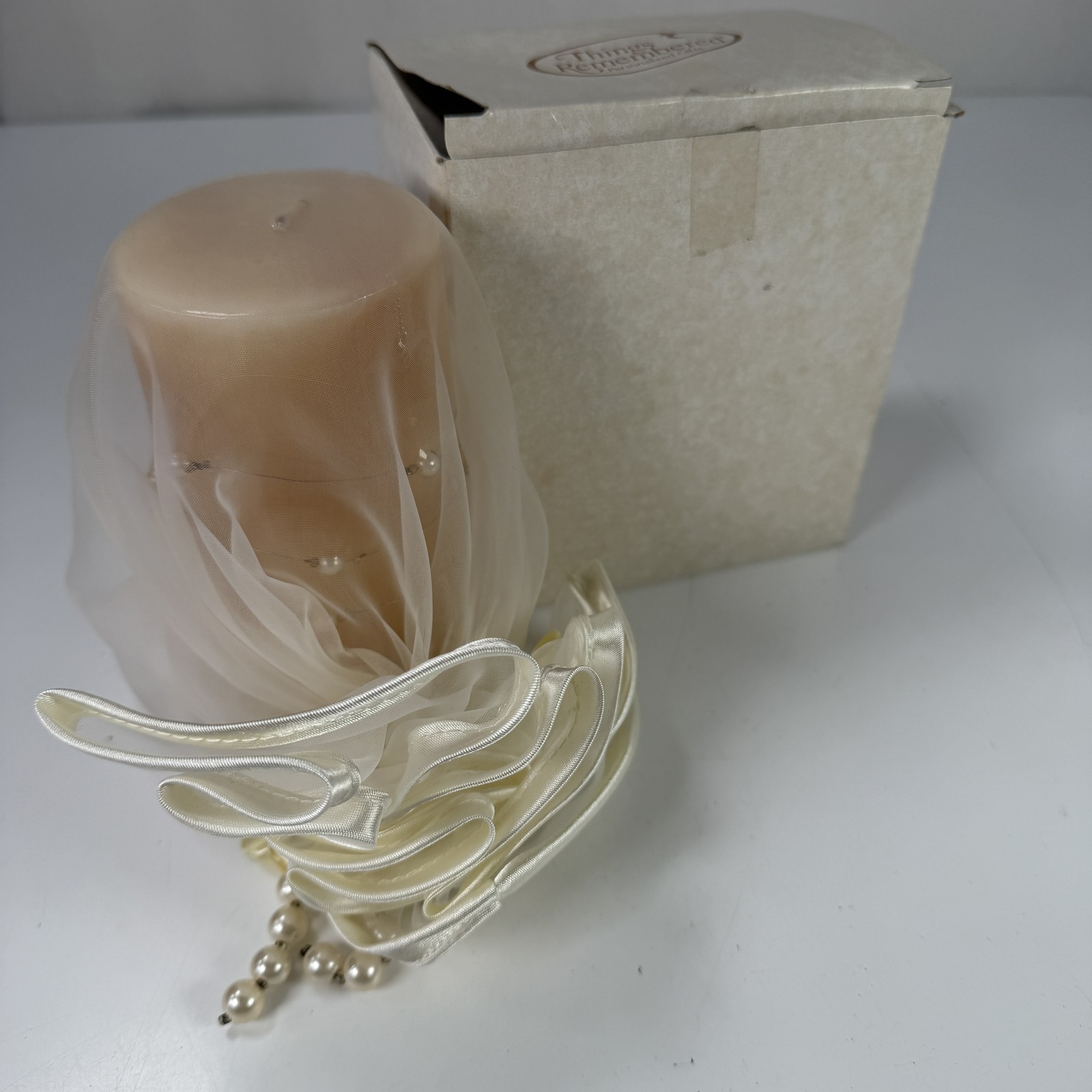Things Remembered Vanilla Scented Pillar Candle with Pearl & Ribbon Decor NEW
