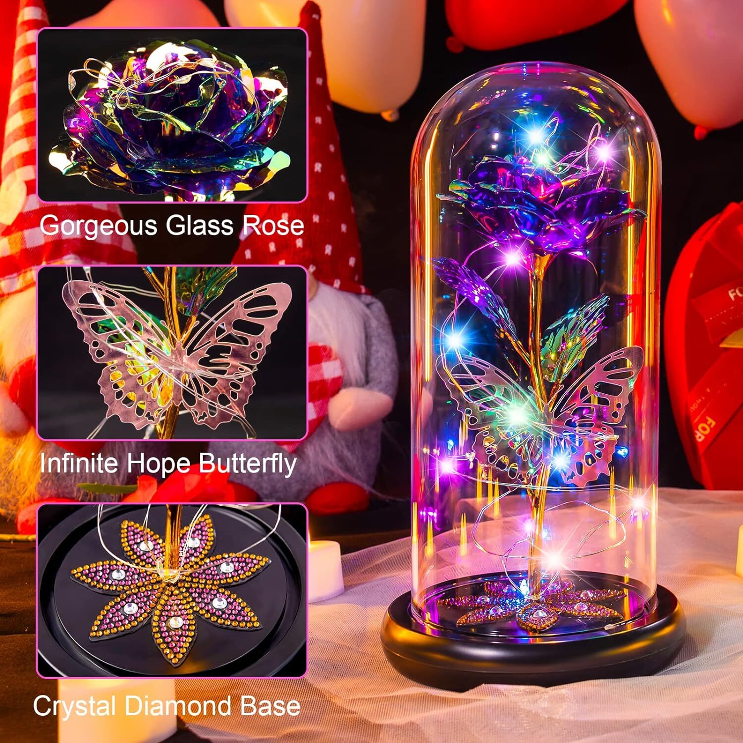 Valentines Day Gifts for Her, Galaxy Glass Rose Flower Valentine Gifts Forever E