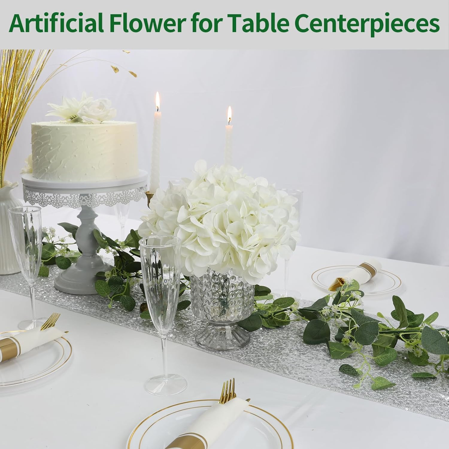 104 PCS Silk Hydrangea Flower Heads with Stems for DIY Decor