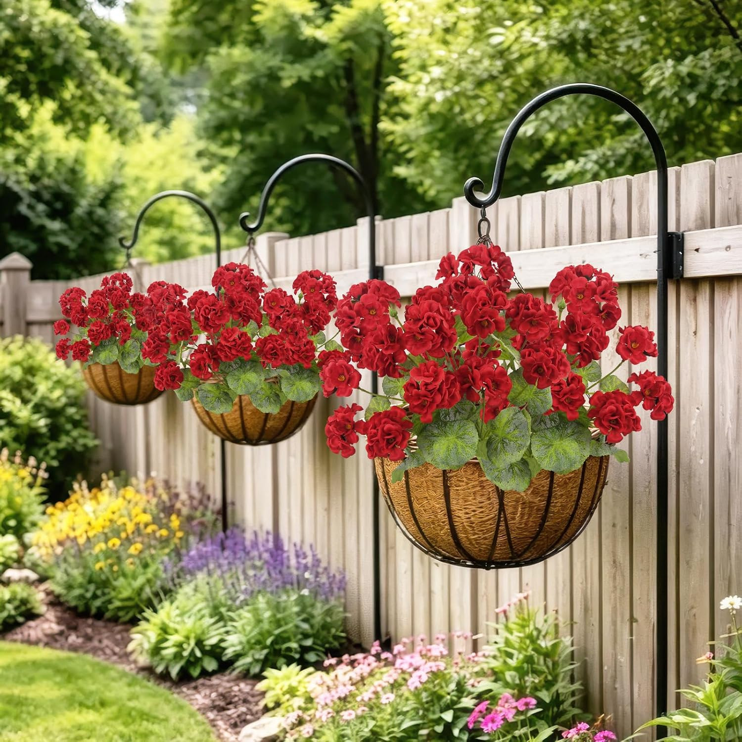 2 Pcs Artificial Geraniums for Outdoors 23” Faux Flowers Red Silk Geraniums UV