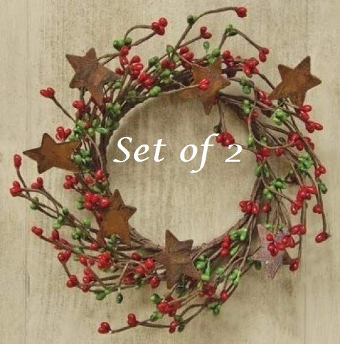 NEW PRIMITIVE Farmhouse Berry Wreath Candle Rings 2pc Rust Stars 4″ Red Green