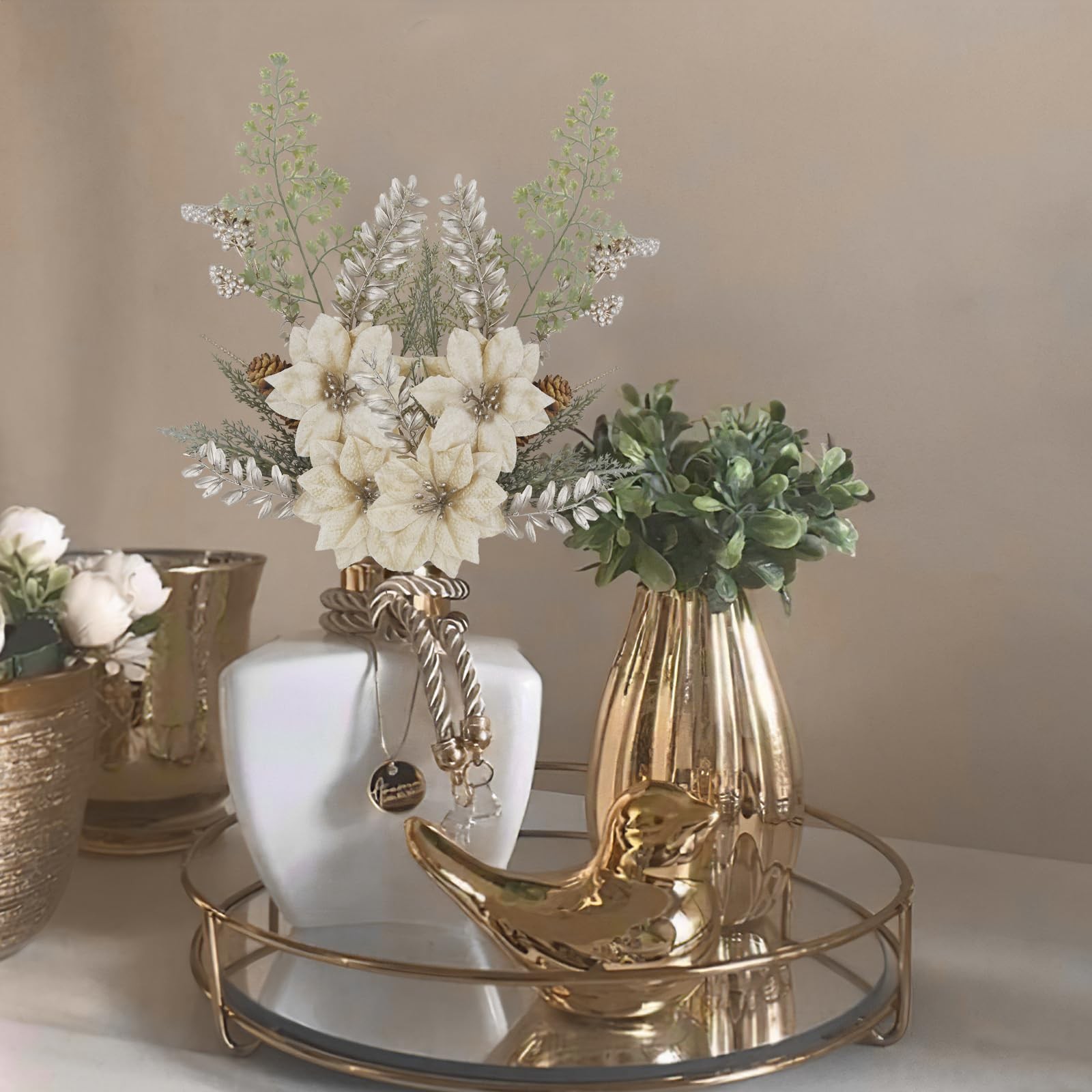 2 PCS Artificial Christmas Flowers Poinsettia Golden Velvet Berries Winter